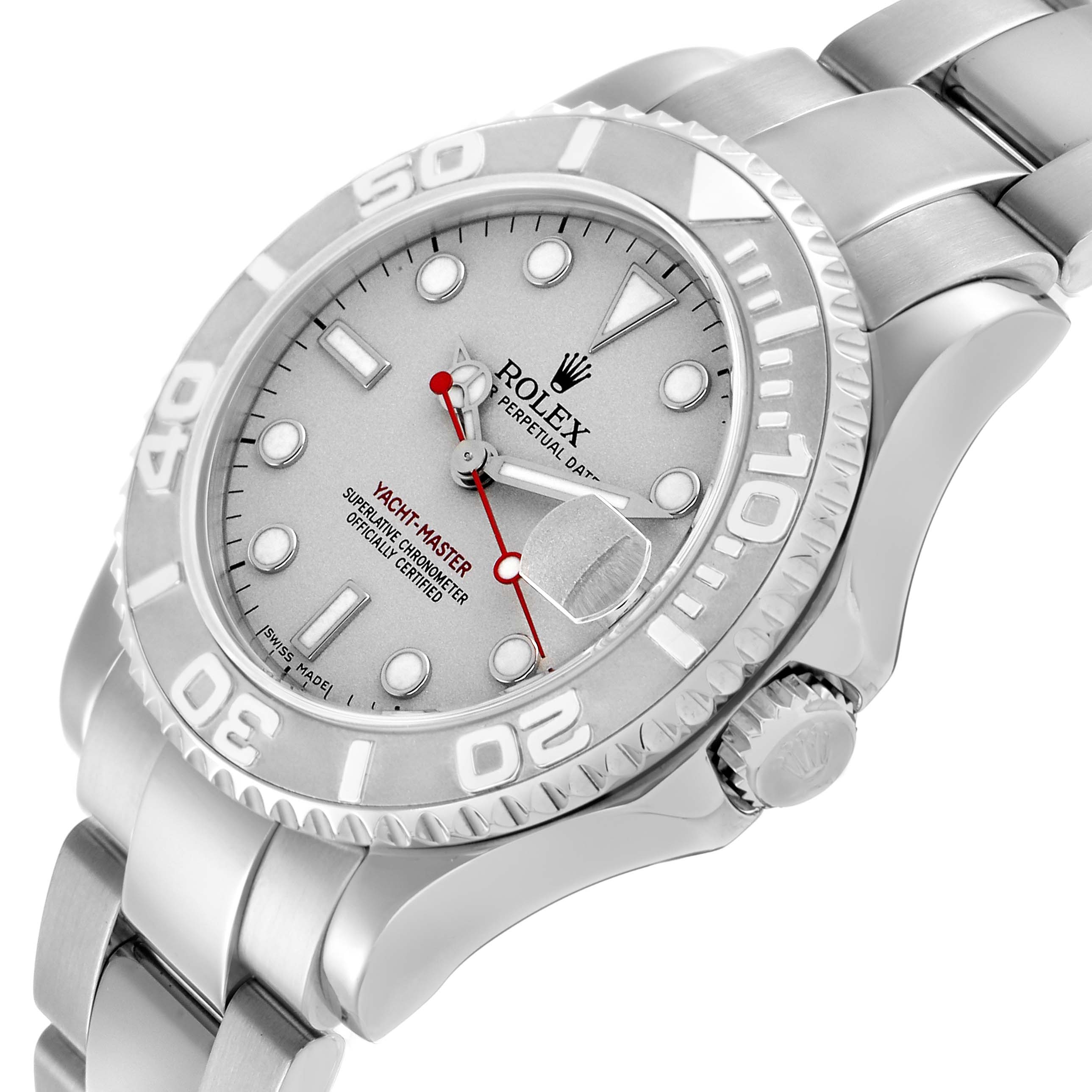 The Rolex Yacht-Master 168622 Men's Stainless Steel Silver Dial watch is shown from a tilted angle, highlighting the face, bezel, and part of the bracelet.