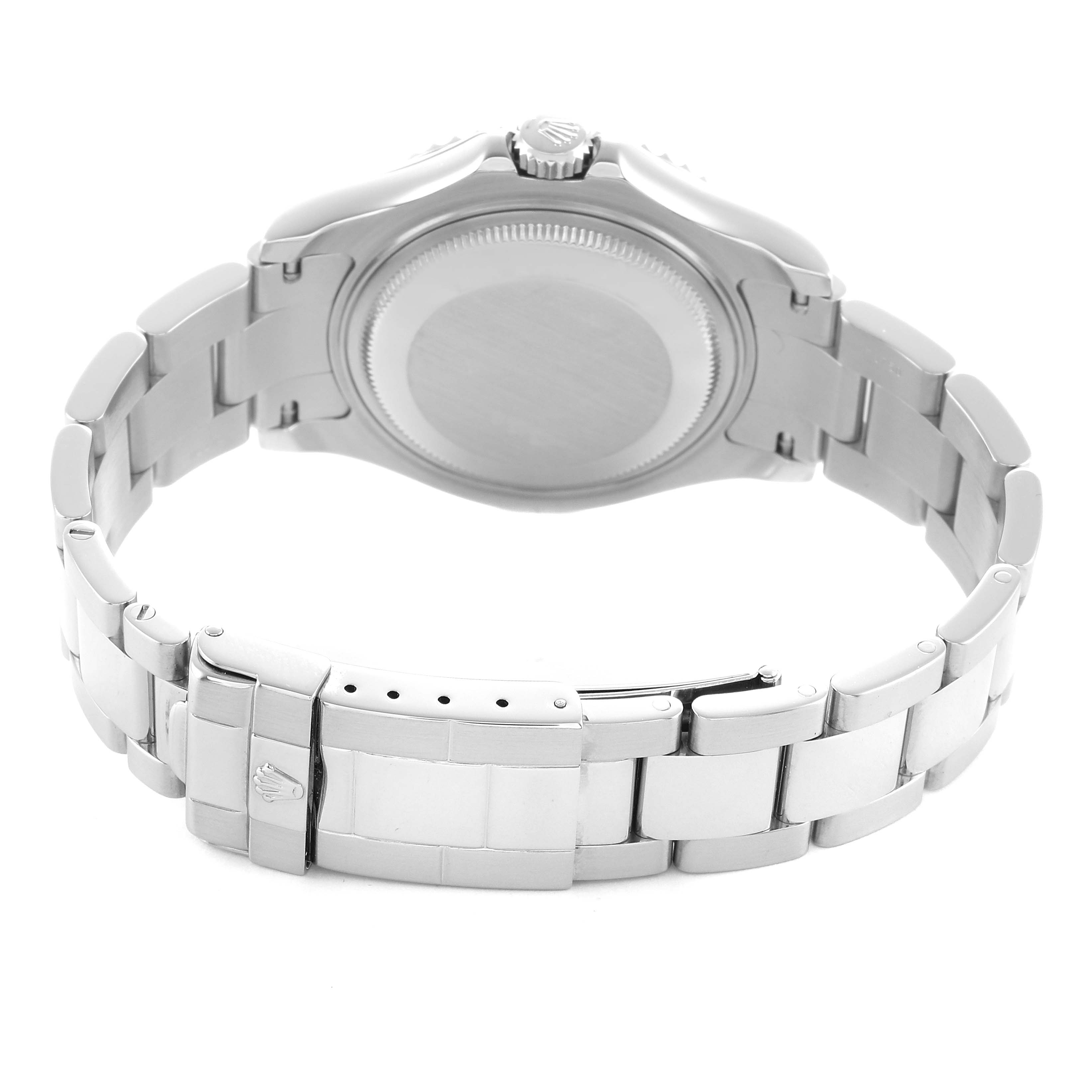The image shows the back view of a Rolex Yacht-Master 168622 Men's Stainless Steel Silver Dial watch, highlighting the case back and clasp of the bracelet.