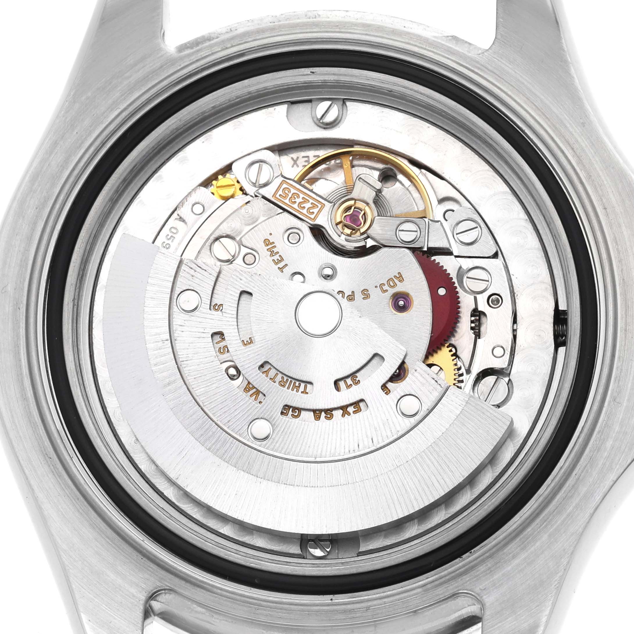 The image shows the back view of a Rolex Yacht-Master 168622 Men's Stainless Steel Silver Dial, focusing on its internal movement and mechanics.