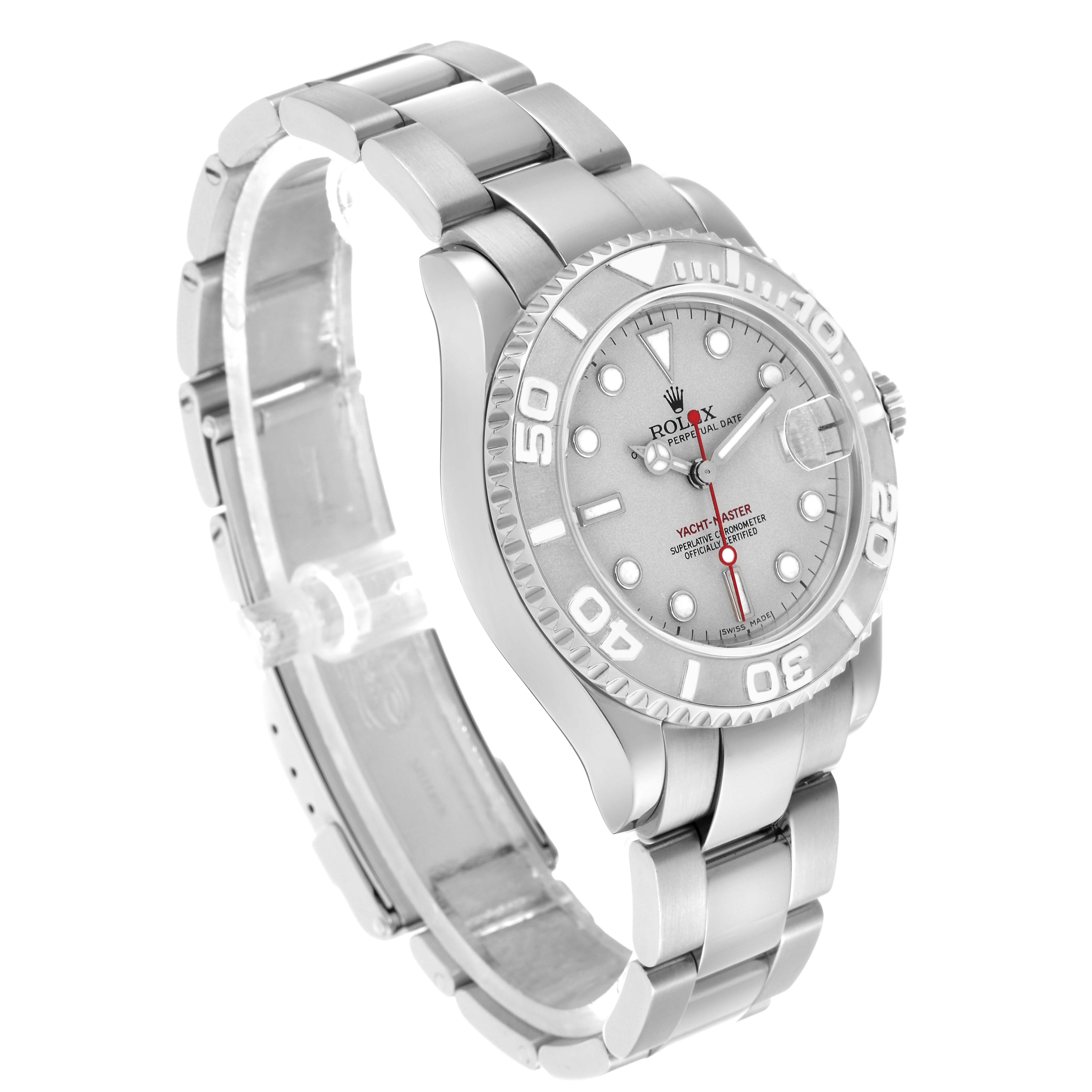 The Rolex Yacht-Master 168622 Men's Stainless Steel Silver Dial watch is shown at a slight angle, highlighting the face, bezel, and bracelet.