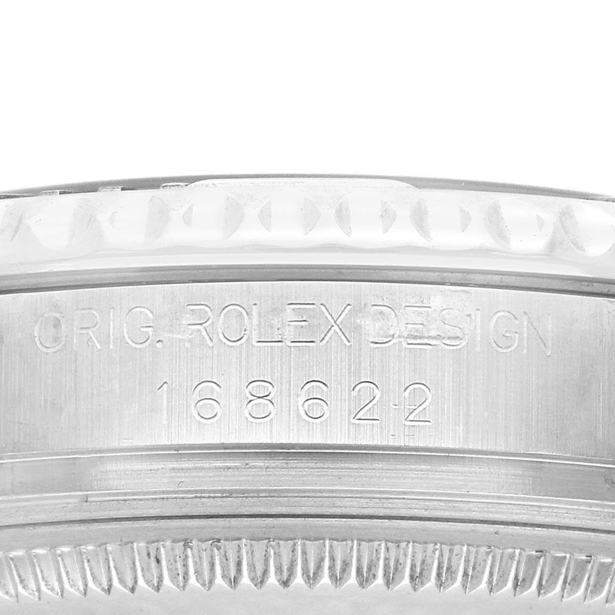 The image shows a close-up of the side of a Rolex Yacht-Master 168622 Men's Stainless Steel Silver Dial watch, featuring the engraved "ORIG. ROLEX DESIGN 168622."