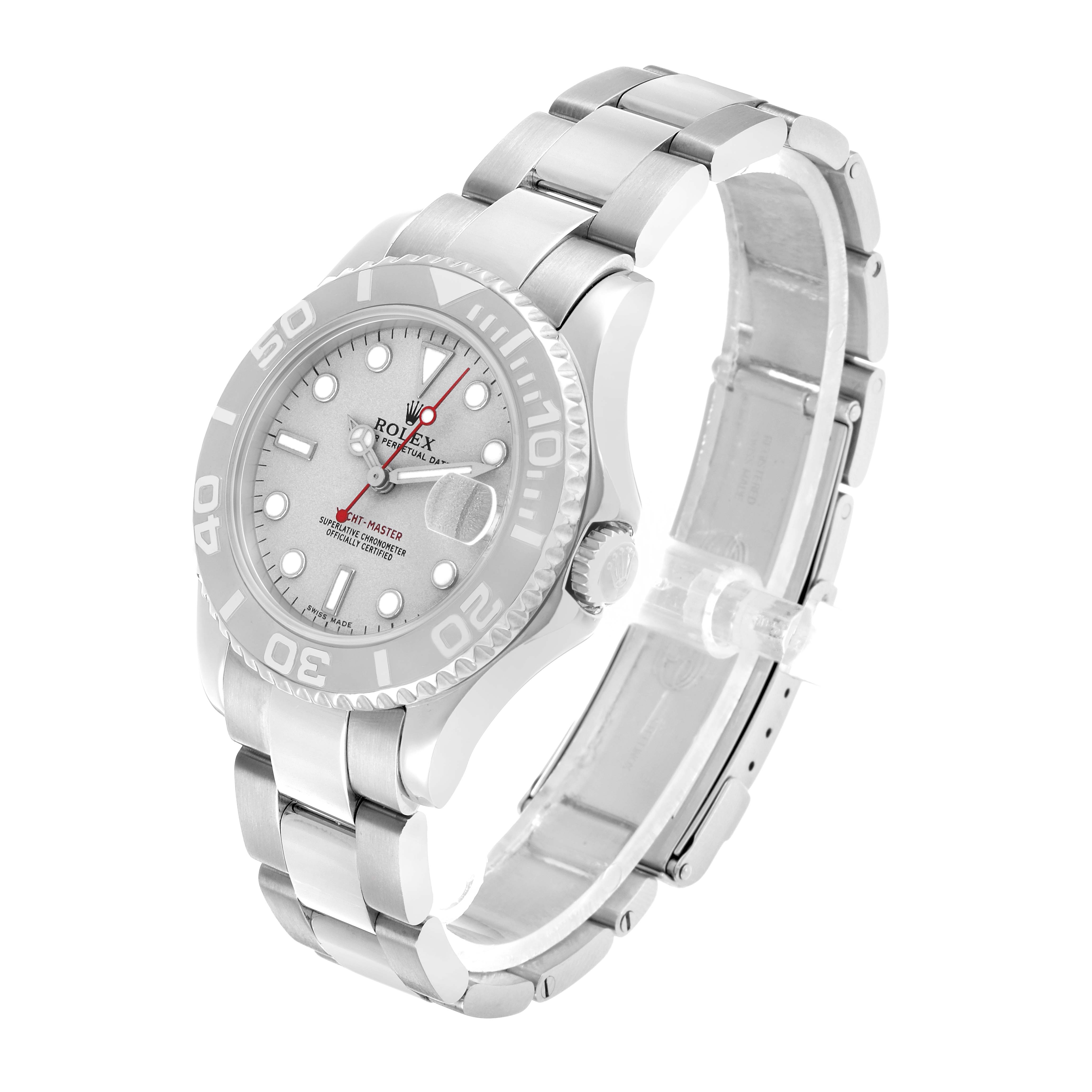 The Rolex Yacht-Master 168622 Men's Stainless Steel Silver Dial is shown at a three-quarter angle, displaying the face, bezel, crown, and part of the bracelet.