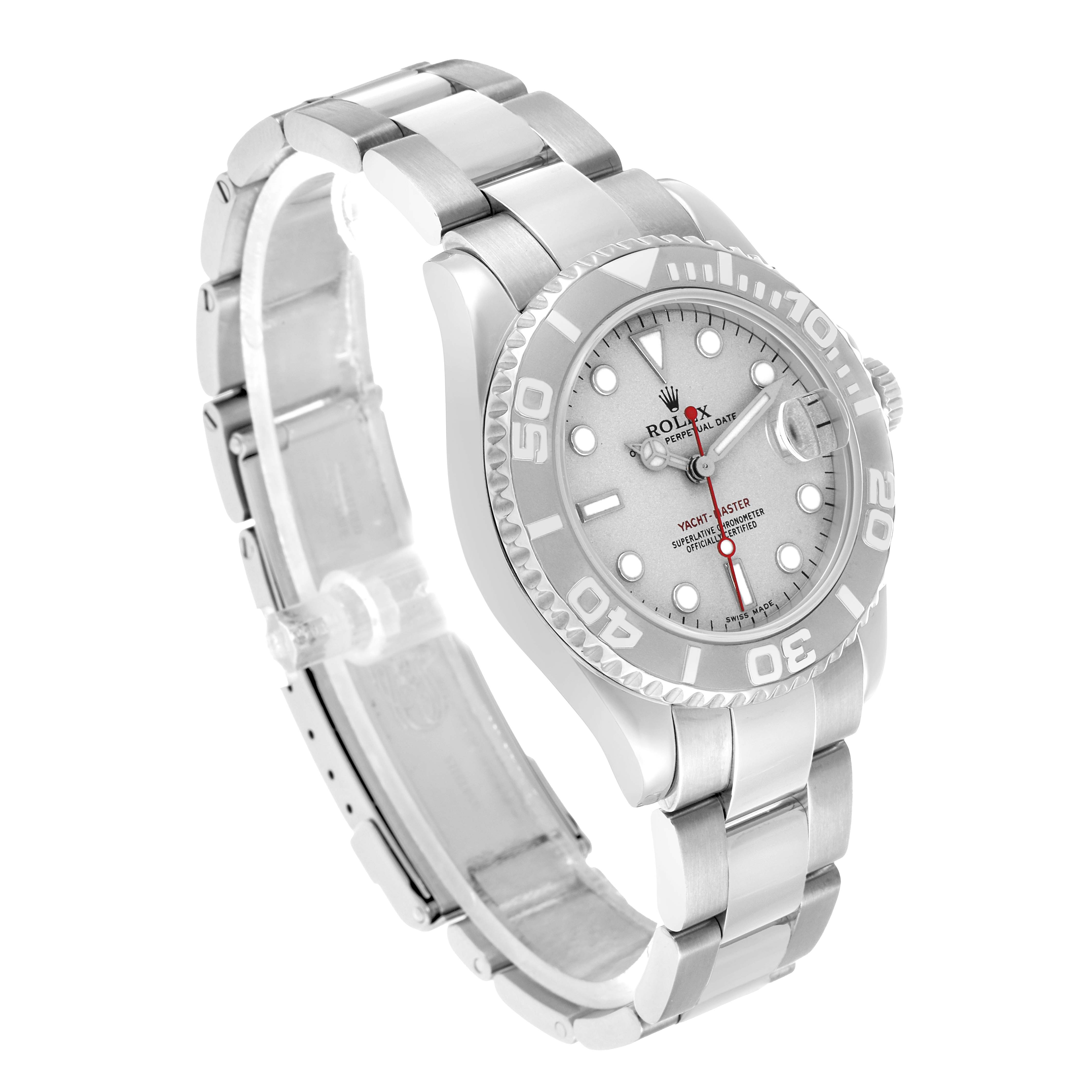 The Rolex Yacht-Master 168622 Men's Stainless Steel Silver Dial watch is shown at a three-quarter angle, highlighting the face, bezel, crown, and bracelet.