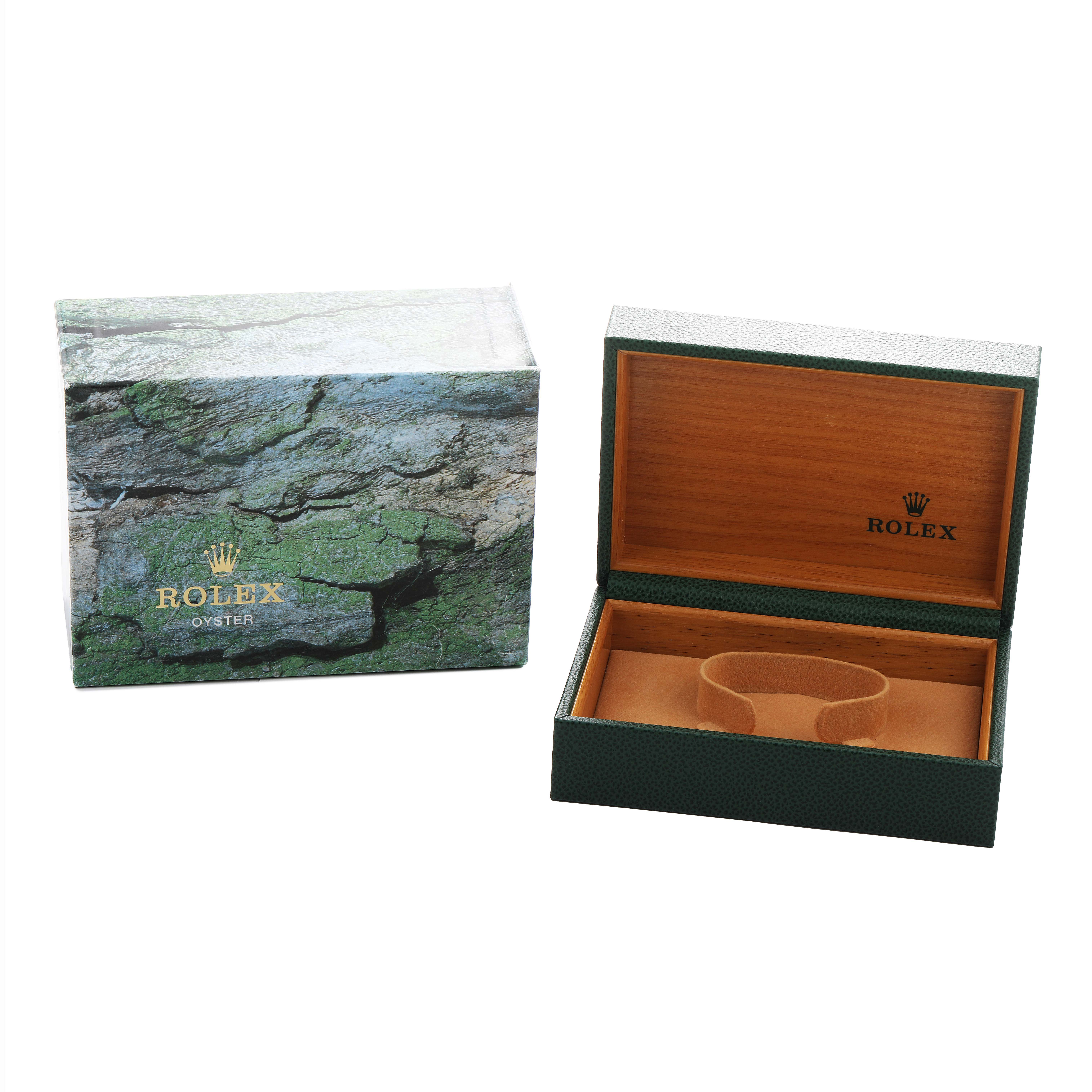 The image shows the packaging for a Rolex Yacht-Master 168622 Men's Stainless Steel Silver Dial, including a closed outer box and an open inner box with a cushion.