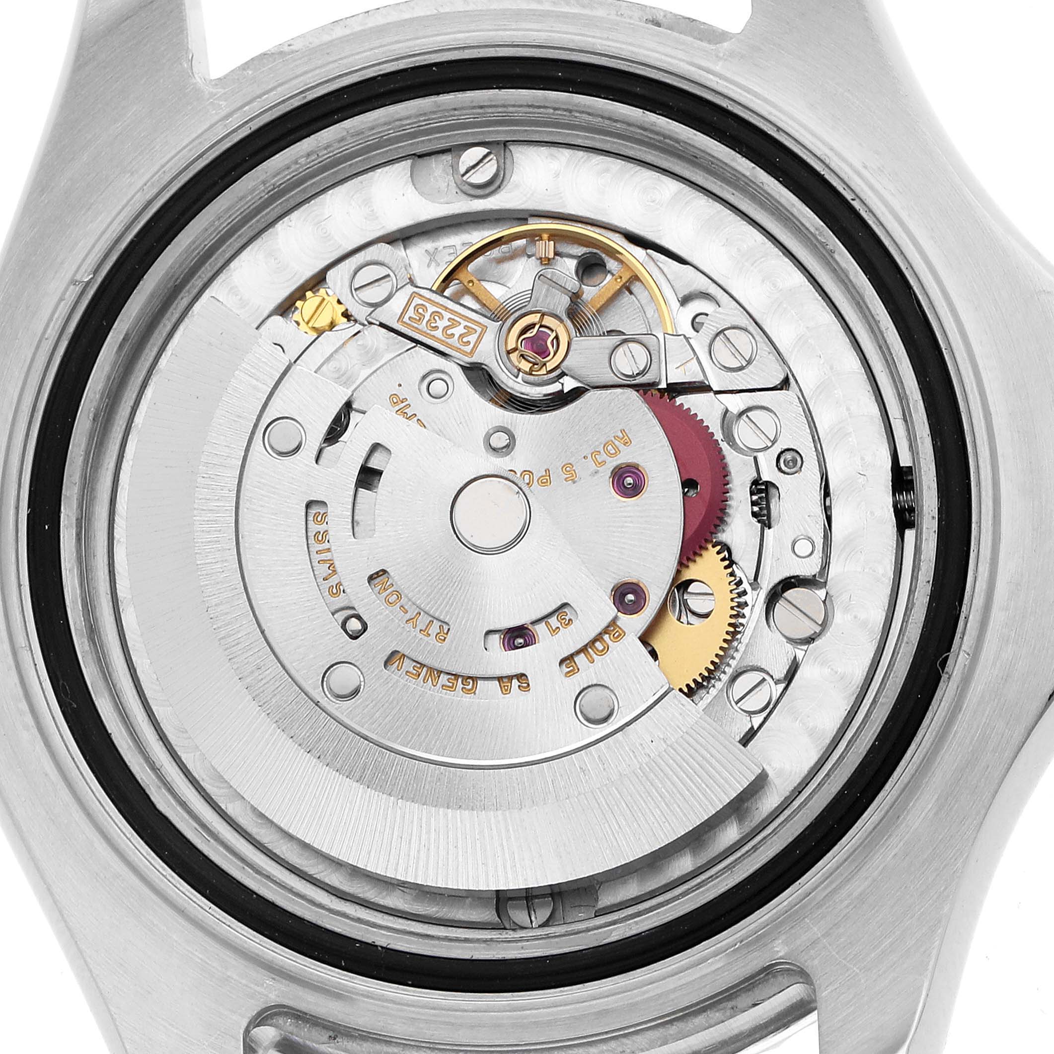 The image shows the Rolex Yacht-Master 168622 Men's Stainless Steel Silver Dial's internal movement from the back view, highlighting gears and mechanisms.