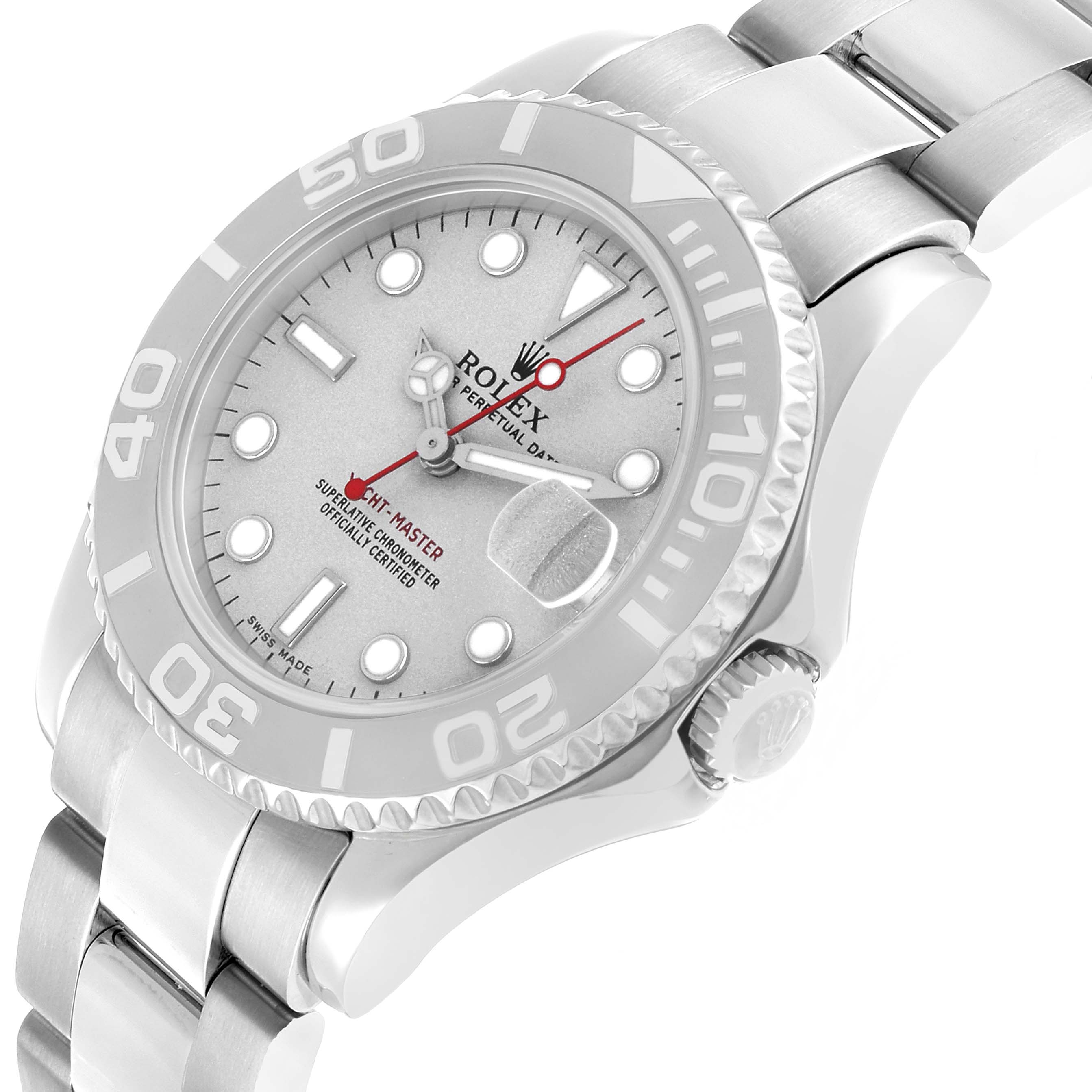 The Rolex Yacht-Master 168622 Men's Stainless Steel Silver Dial watch is shown at a slight angle, highlighting the face, bezel, crown, and part of the bracelet.