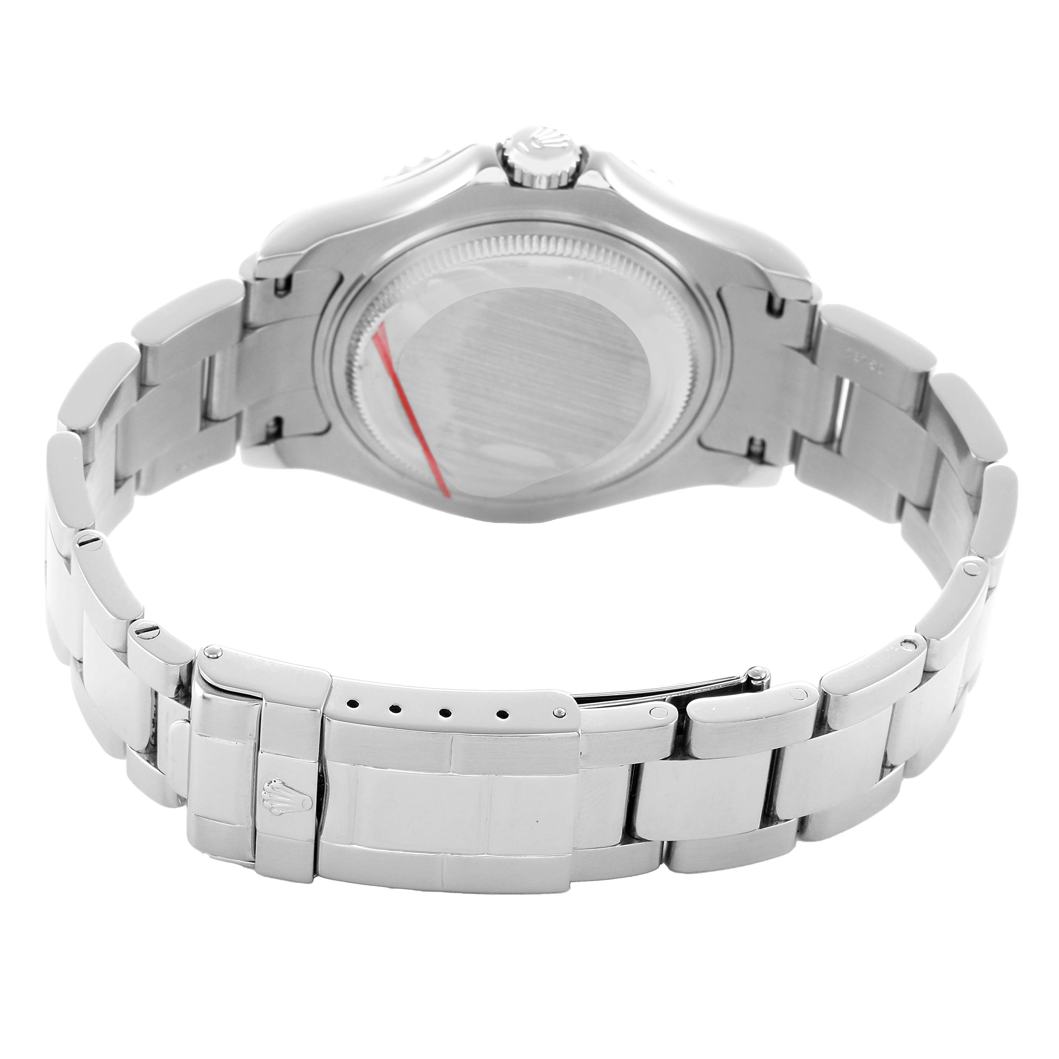 The Rolex Yacht-Master 168622 Men's Stainless Steel Silver Dial watch is shown from the back, highlighting the bracelet and clasp from a rear angle.