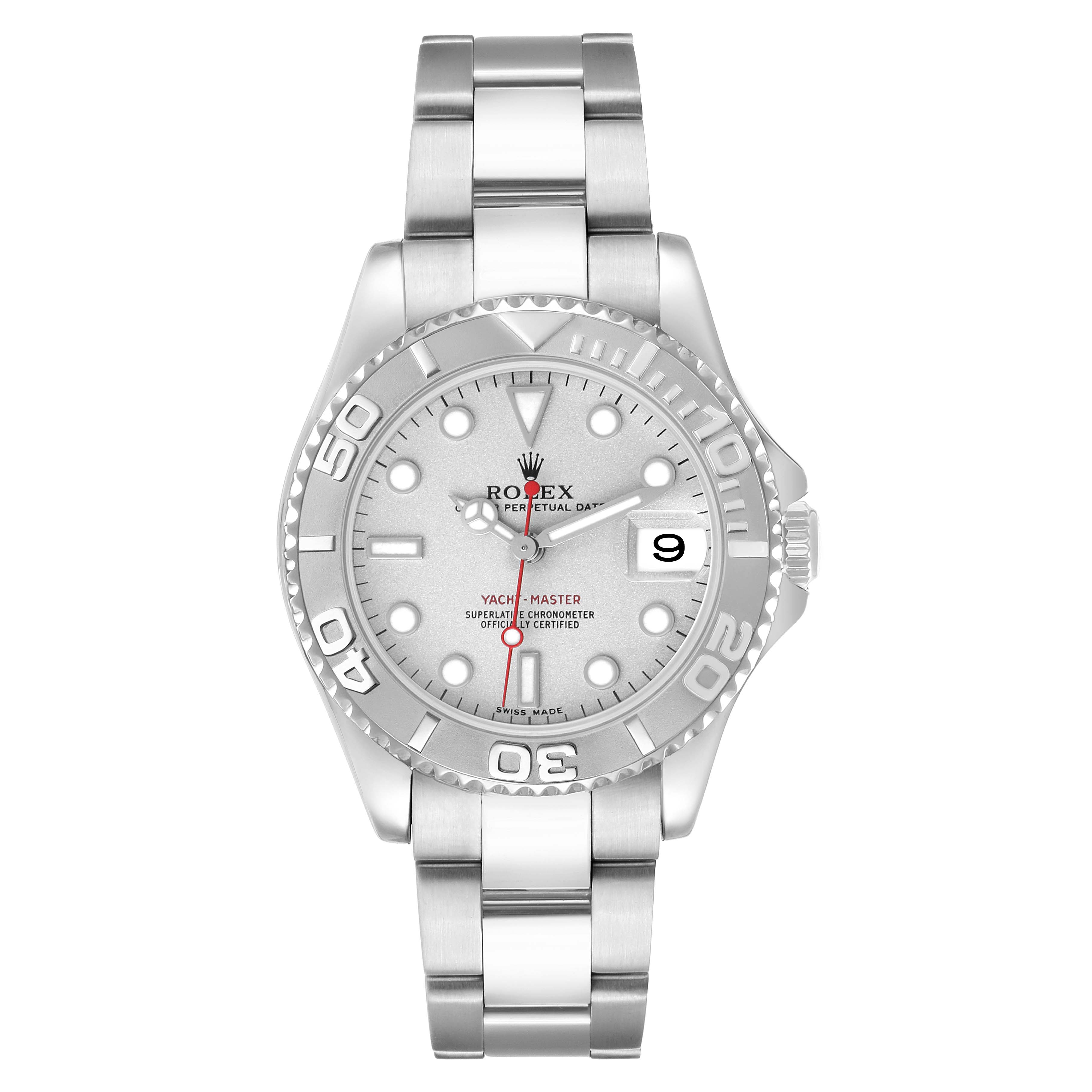 The Rolex Yacht-Master 168622 Men's Stainless Steel Silver Dial watch is shown from a top-down angle, highlighting the dial, bezel, and bracelet.