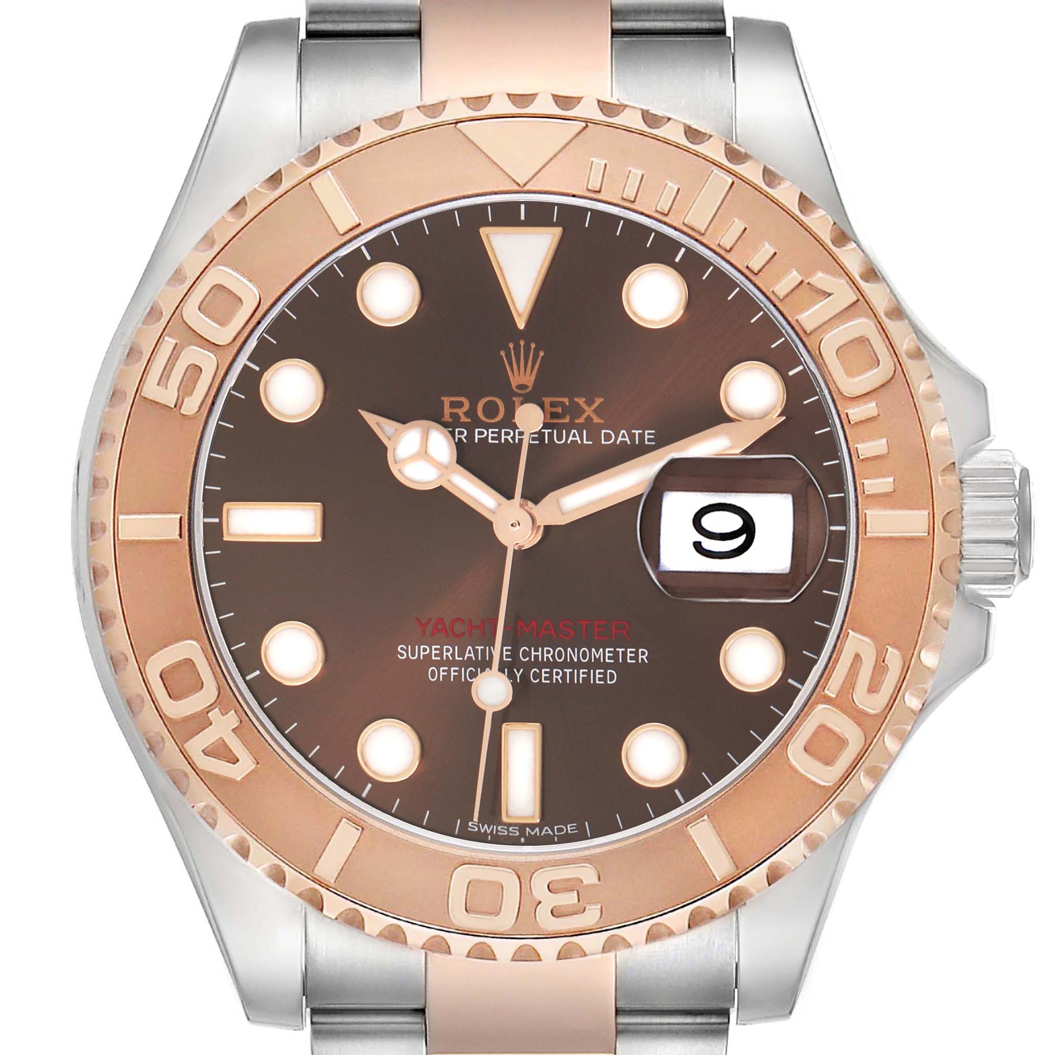 The Rolex Yacht-Master 116621 Men's Steel and Gold (two tone) Brown Dial watch is shown from the front, displaying its dial, hands, and bezel.