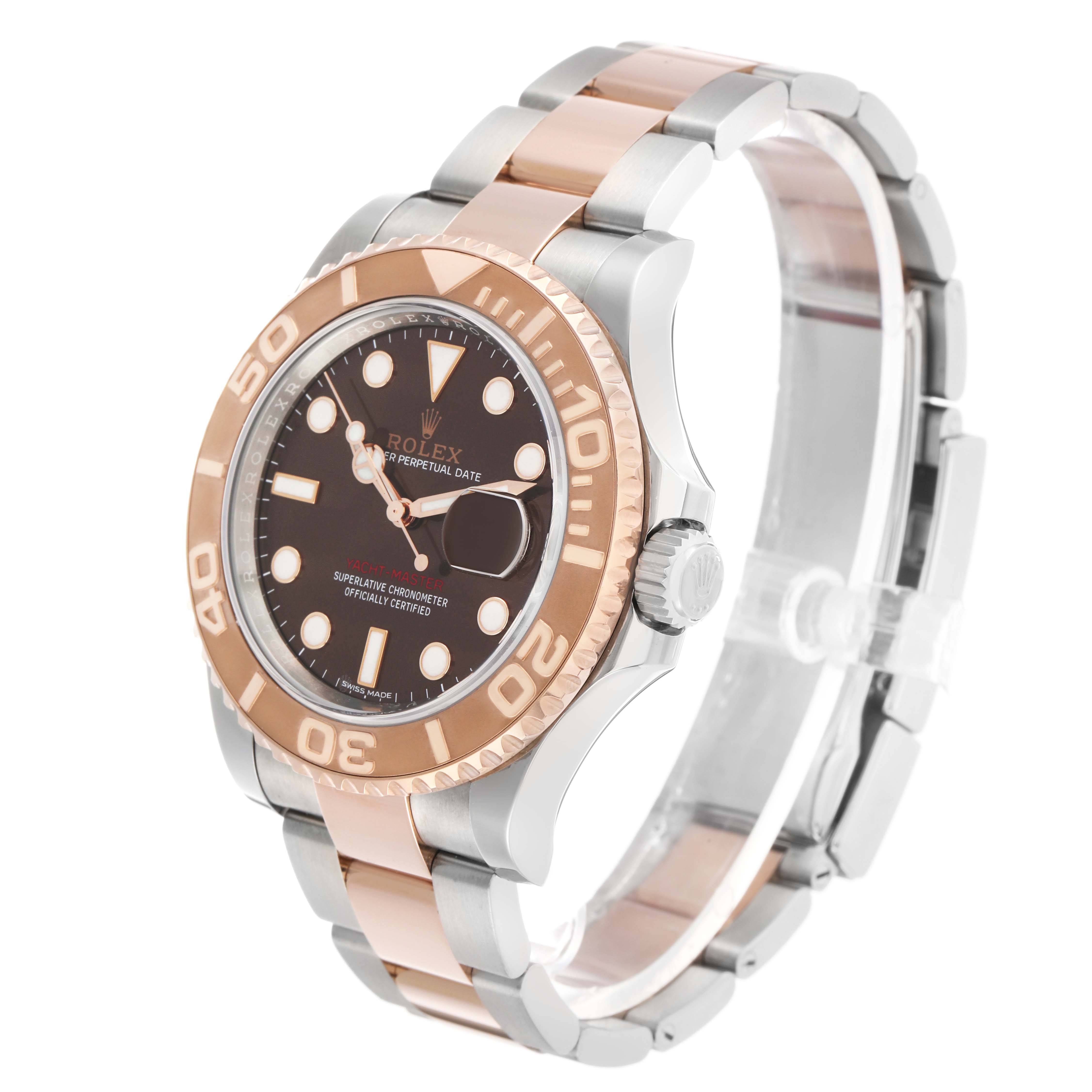 The Rolex Yacht-Master 116621 Men's Steel and Gold (two tone) Brown Dial watch is shown at a three-quarter angle, displaying the bezel, dial, crown, and bracelet.