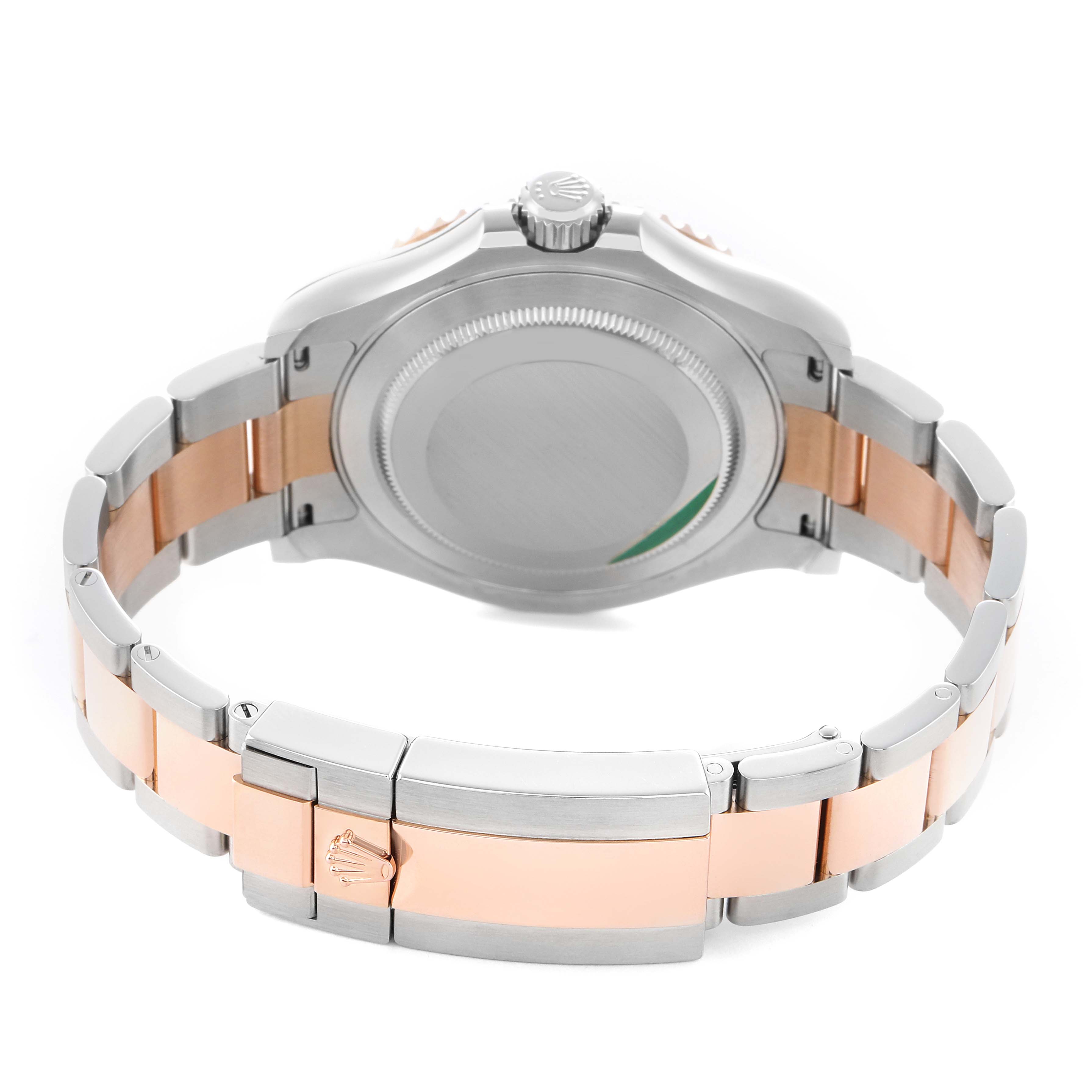 The image shows the back case and bracelet of a Rolex Yacht-Master 116621 Men's Steel and Gold (two tone) Brown Dial, highlighting the clasp and crown from a rear angle.