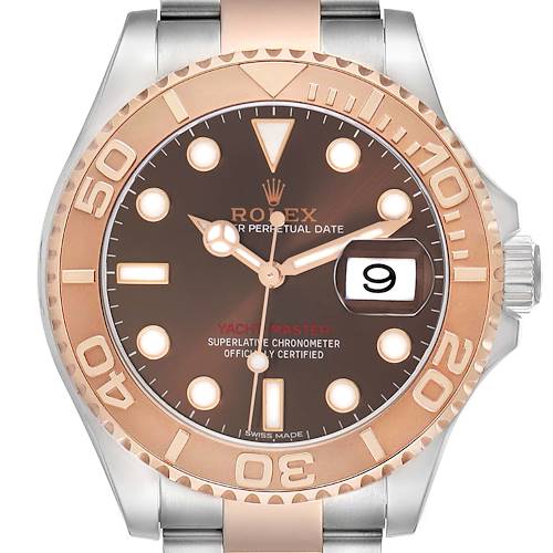The Rolex Yacht-Master 116621 Men's Steel and Gold (two tone) Brown Dial watch is shown from the front, highlighting the bezel, dial, hands, and date window.