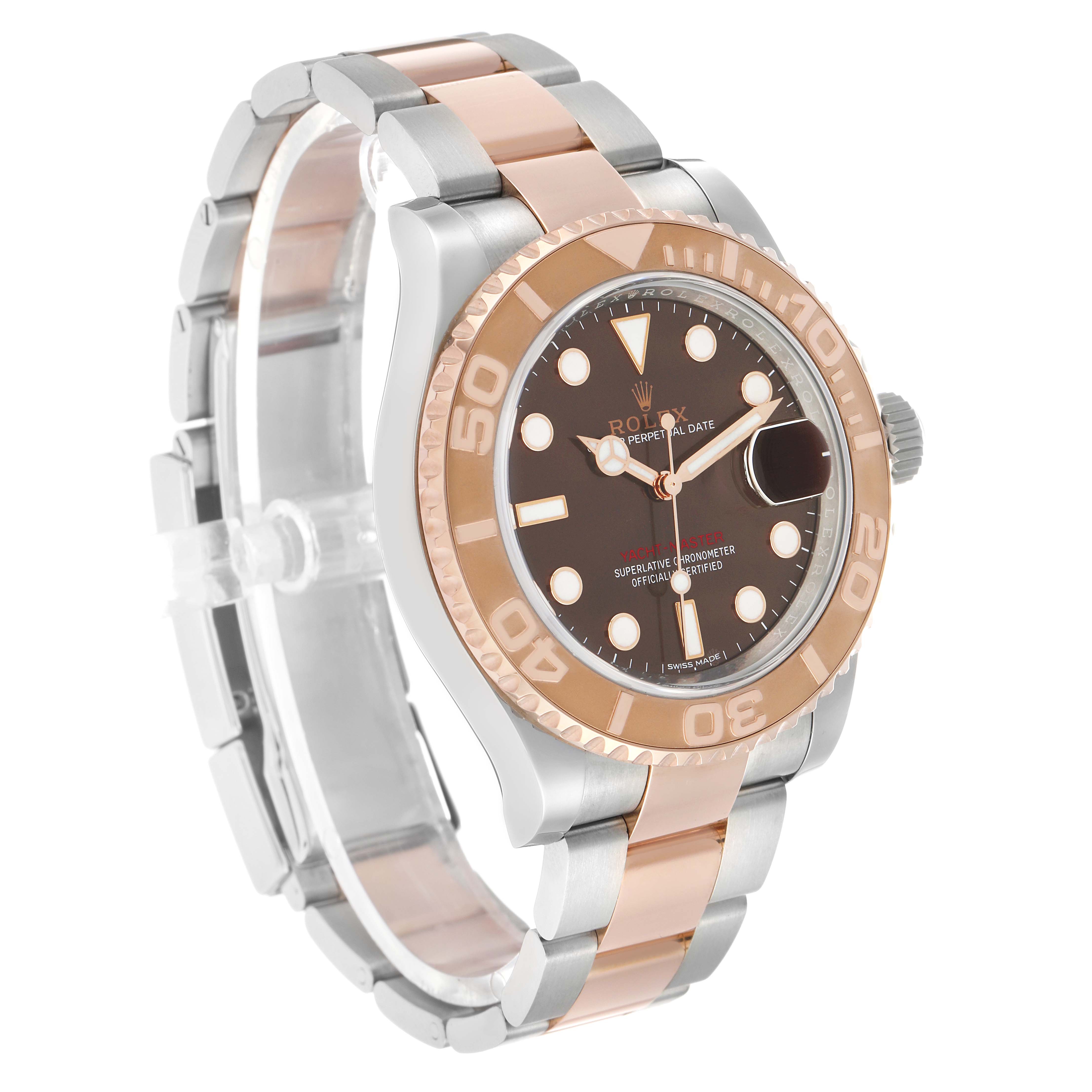 The Rolex Yacht-Master 116621 Men's Steel and Gold (two tone) Brown Dial watch is shown at a three-quarter angle, displaying the bezel, dial, and half of the bracelet.