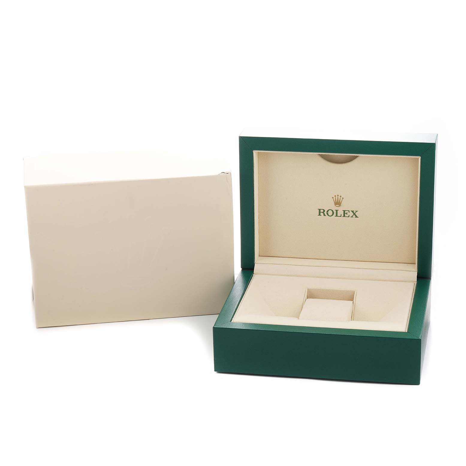 The image shows an open box for a Rolex Yacht-Master 116621 Men's Steel and Gold (two tone) Brown Dial, featuring its signature green exterior and beige interior with the Rolex logo.