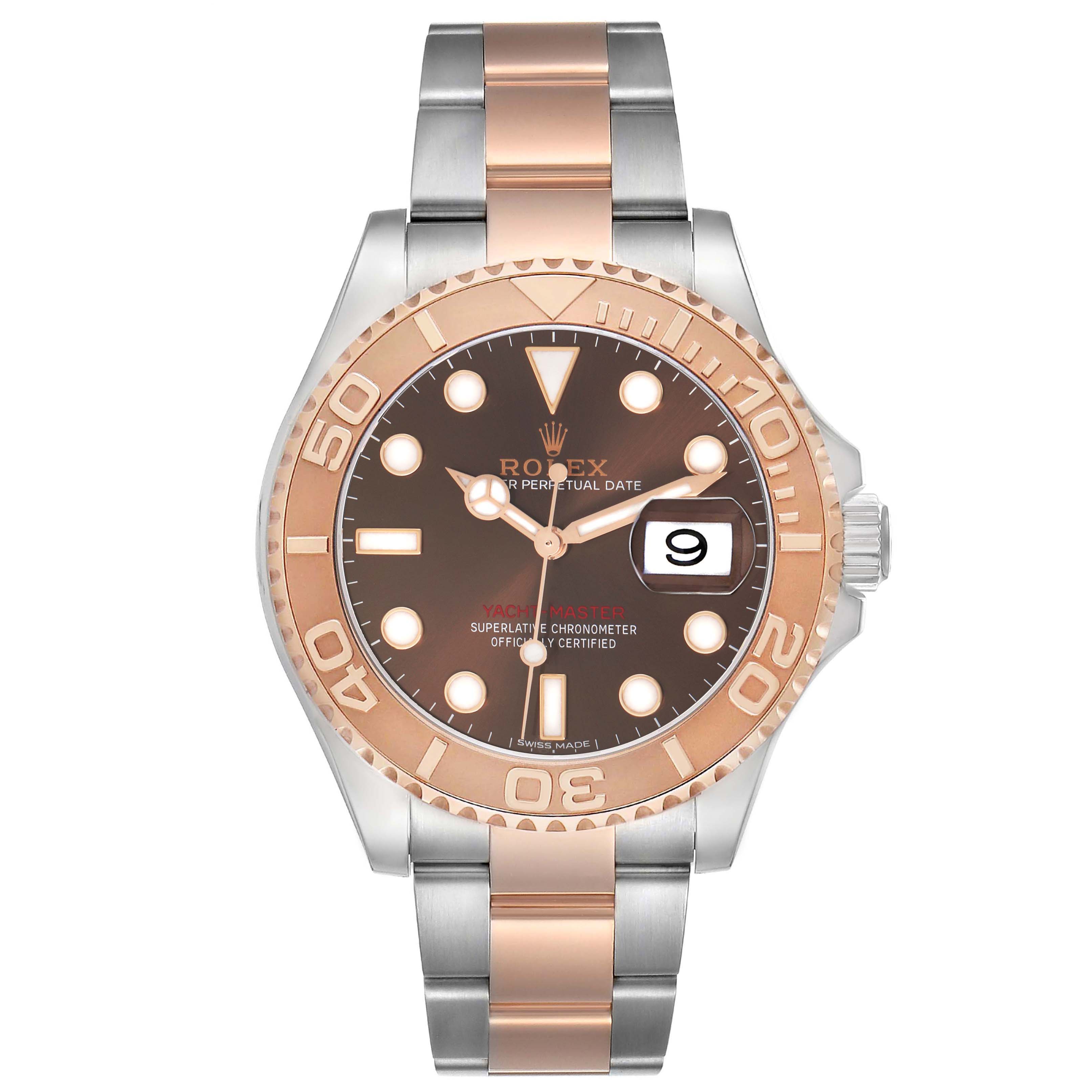 The Rolex Yacht-Master 116621 Men's Steel and Gold (two tone) Brown Dial watch is shown from a front angle, displaying its dial, bezel, and bracelet.
