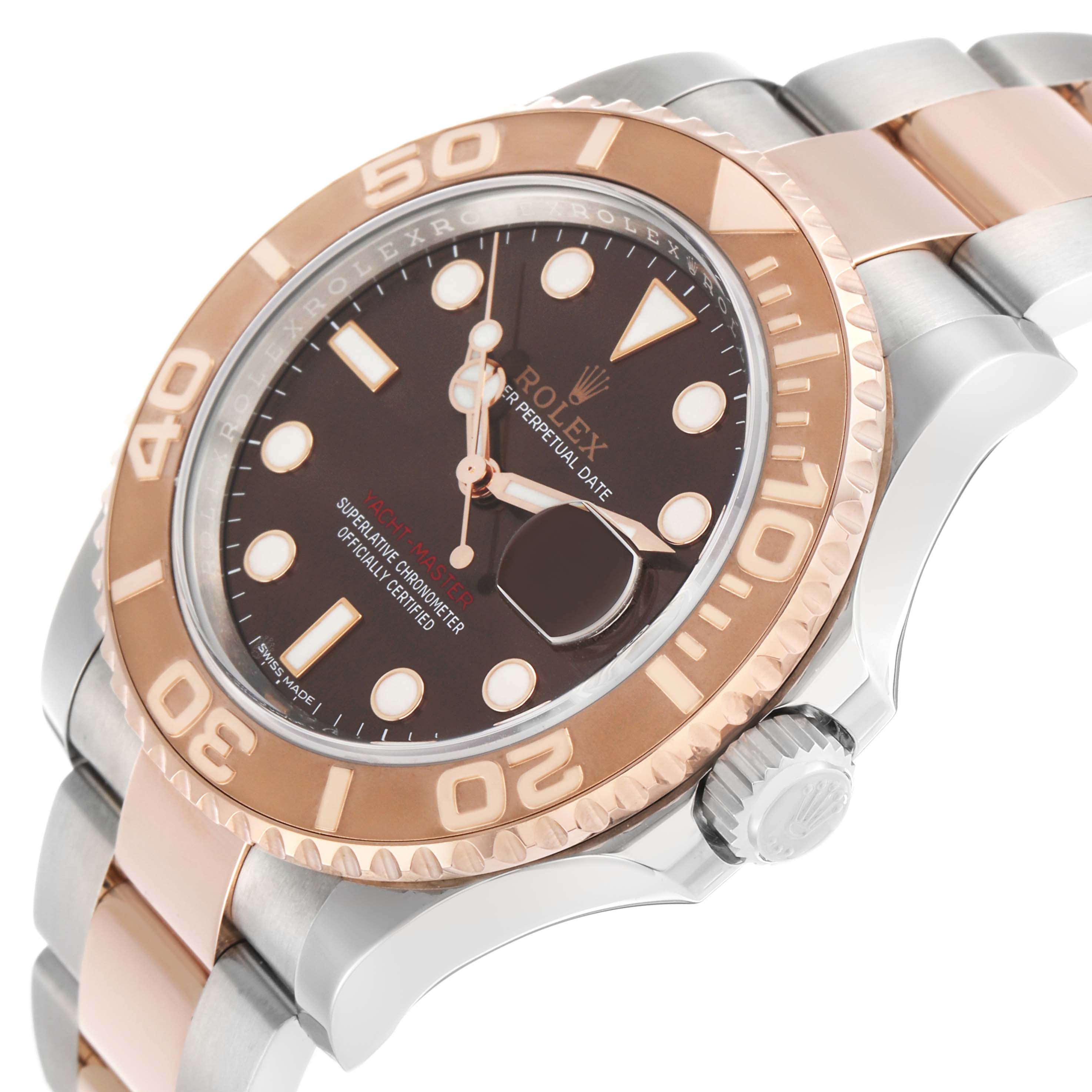 The Rolex Yacht-Master 116621 Men's Steel and Gold (two tone) Brown Dial watch is shown at an angled view, illustrating the bezel, case, dial, and part of the bracelet.