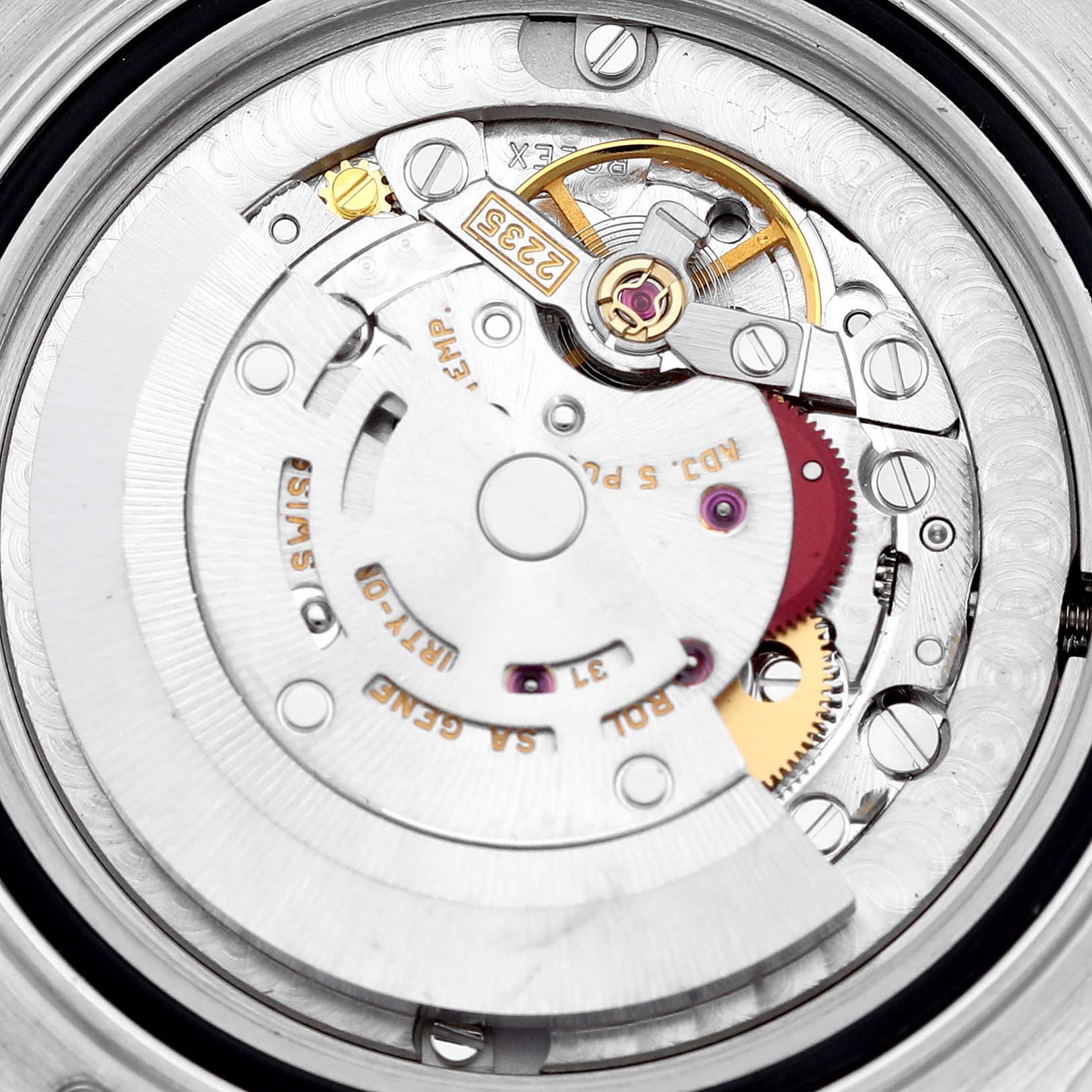 This image shows the internal mechanism of a Rolex Yacht-Master 168623 Men
s Steel and Gold (two tone) White Dial 168623 Men
s Steel and Gold (two tone) White Dial watch from a top-down angle.