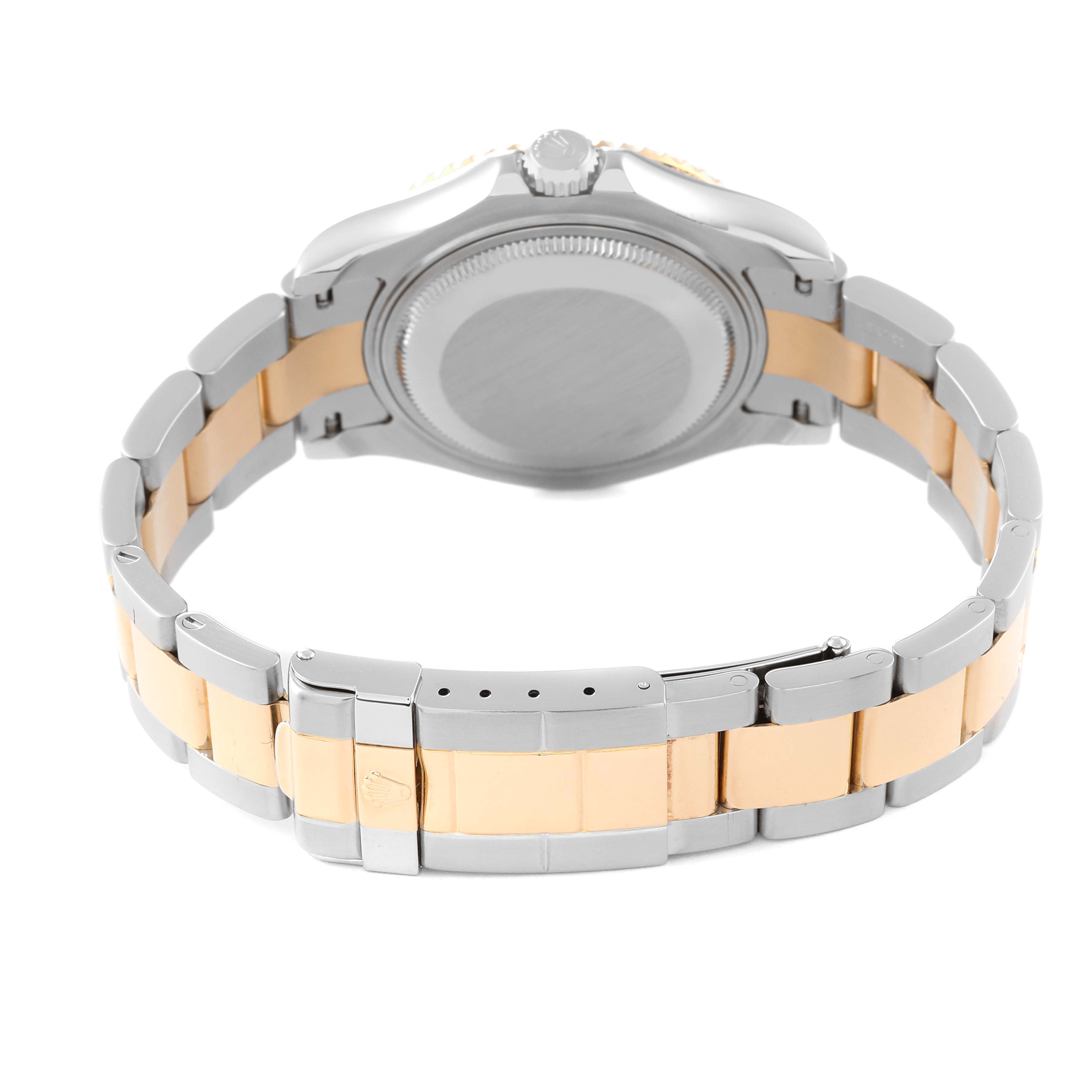 This image shows the Rolex Yacht-Master 168623 Men
s Steel and Gold (two tone) White Dial 168623 Men
s Steel and Gold (two tone) White Dial watch from the back, displaying its case, crown, and two-tone bracelet.