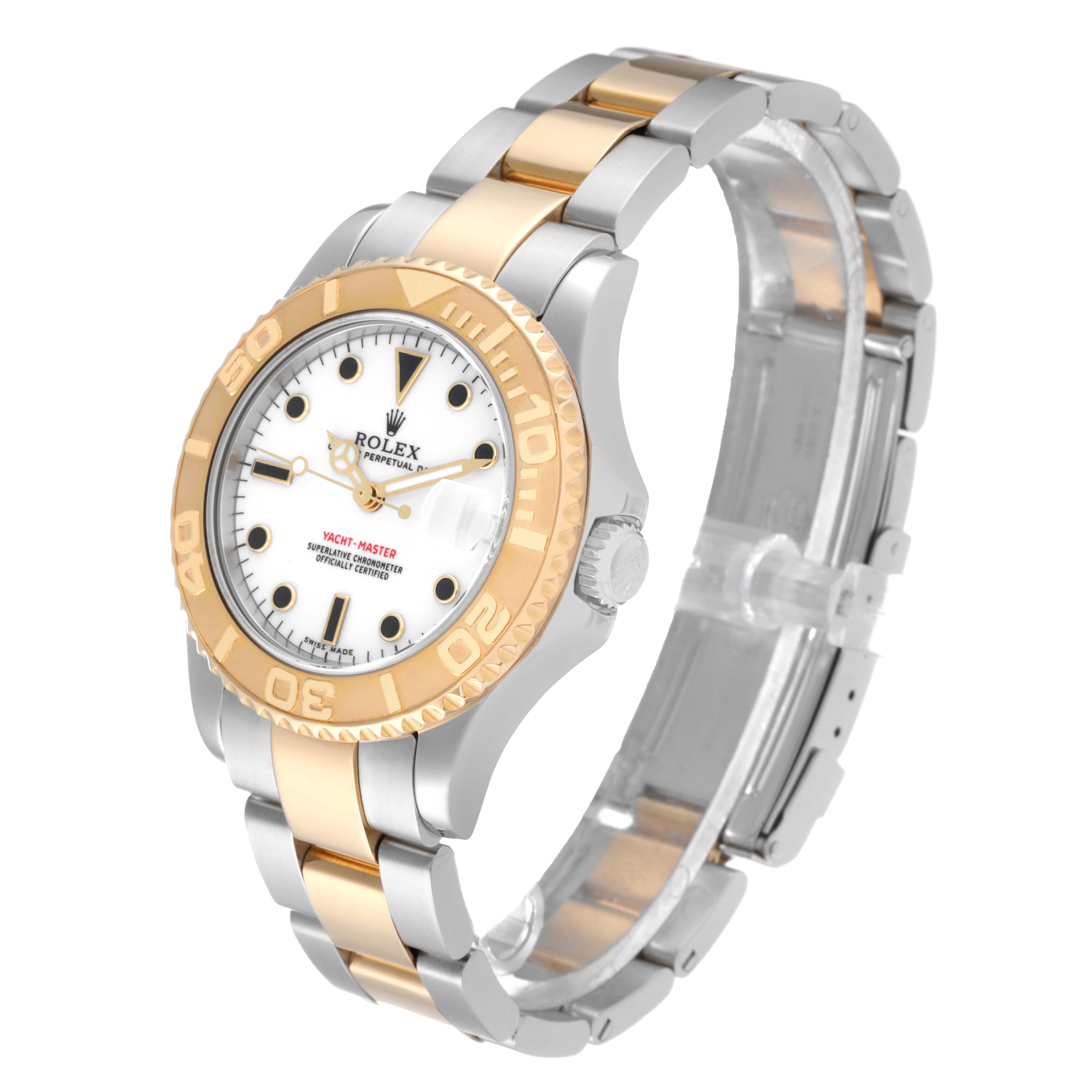 The image shows the Rolex Yacht-Master 168623 Men
s Steel and Gold (two tone) White Dial 168623 Men
s Steel and Gold (two tone) White Dial watch at a three-quarter angle, highlighting the bezel, dial, and bracelet.