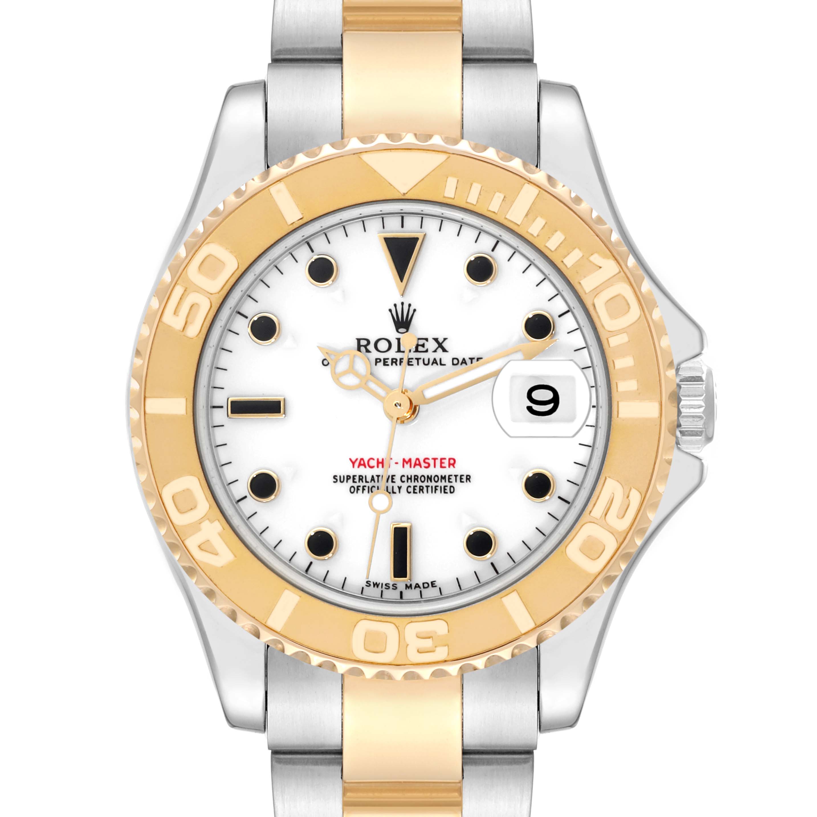 This image shows a front view of the Rolex Yacht-Master 168623 Men
s Steel and Gold (two tone) White Dial 168623 Men
s Steel and Gold (two tone) White Dial watch, featuring its face, bezel, and part of the bracelet.