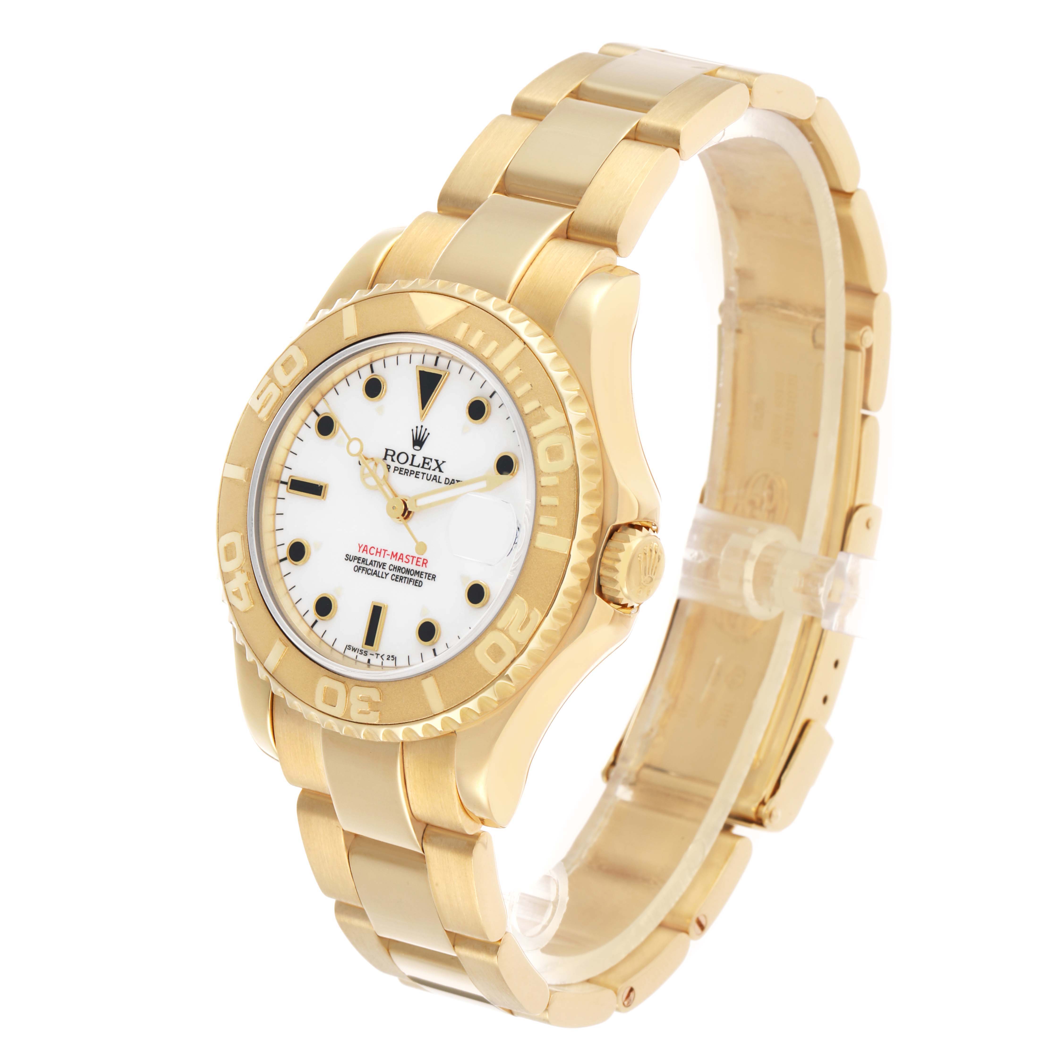 The Rolex Yacht-Master 68628 Men's Yellow Gold White Dial watch is shown at a slight angle, highlighting the dial, bezel, case, and bracelet.
