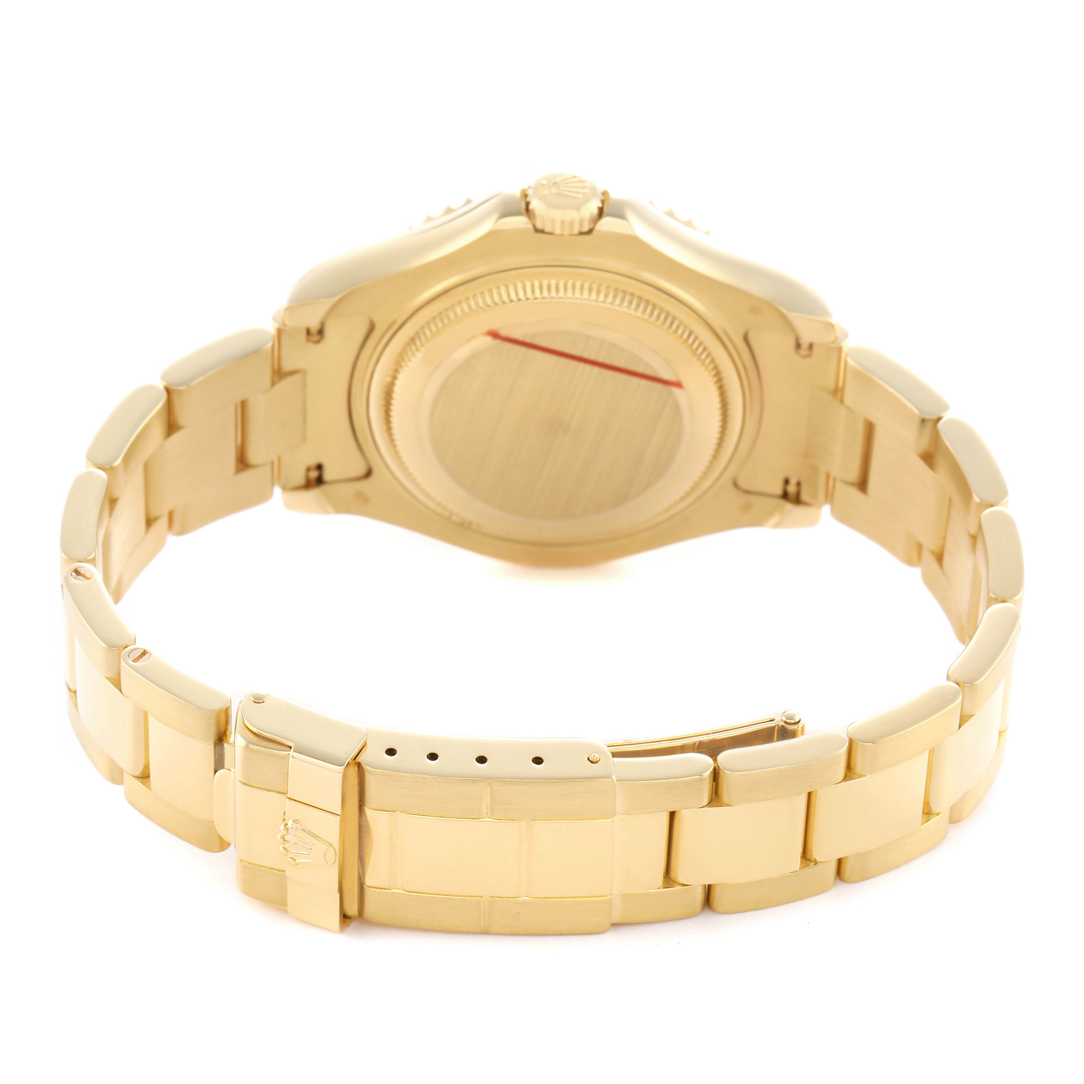 The Rolex Yacht-Master 68628 Men's Yellow Gold White Dial watch is shown from the back, highlighting the case back, bracelet, and clasp.