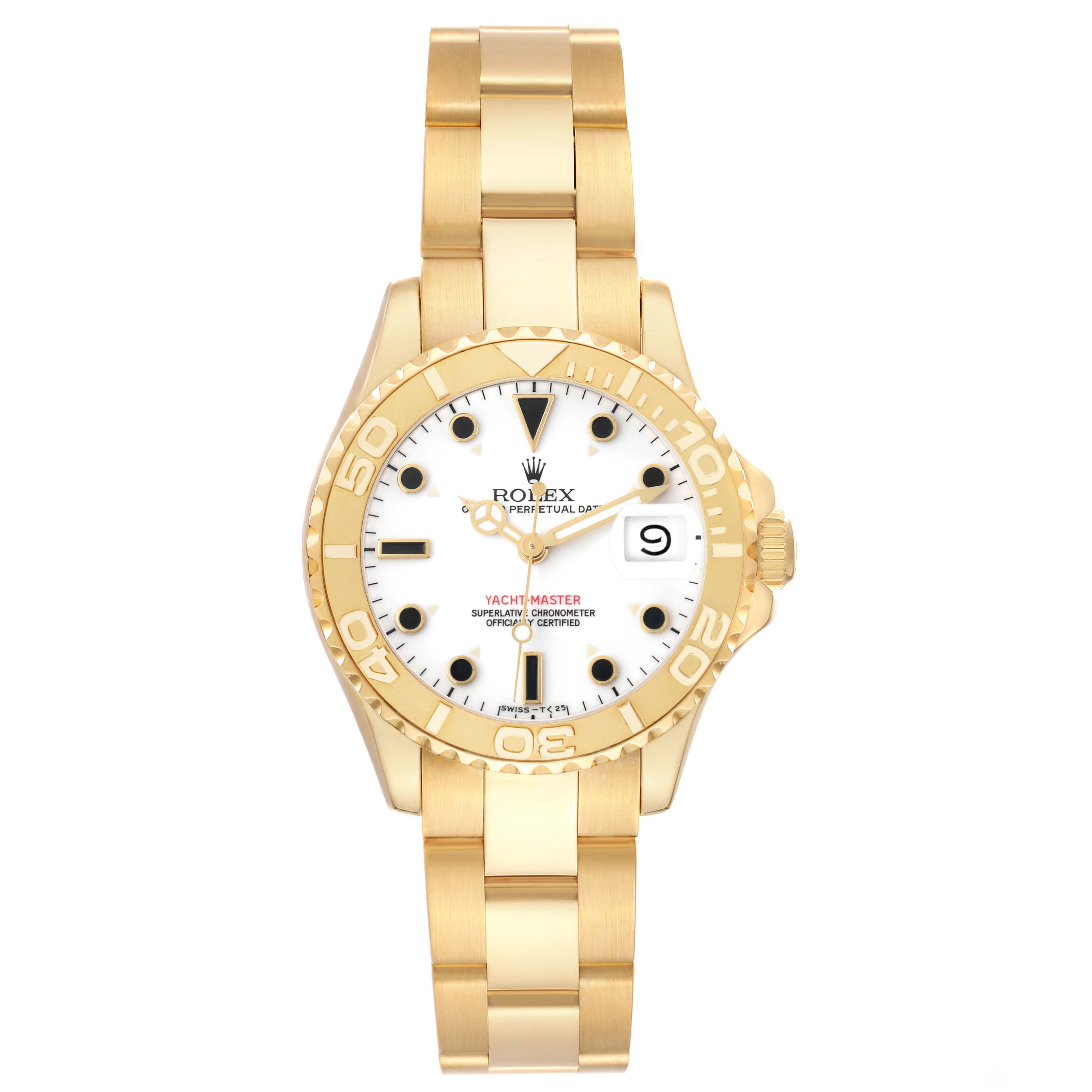 The Rolex Yacht-Master 68628 Men's Yellow Gold White Dial watch is shown head-on, displaying its face, bezel, and band in full view.