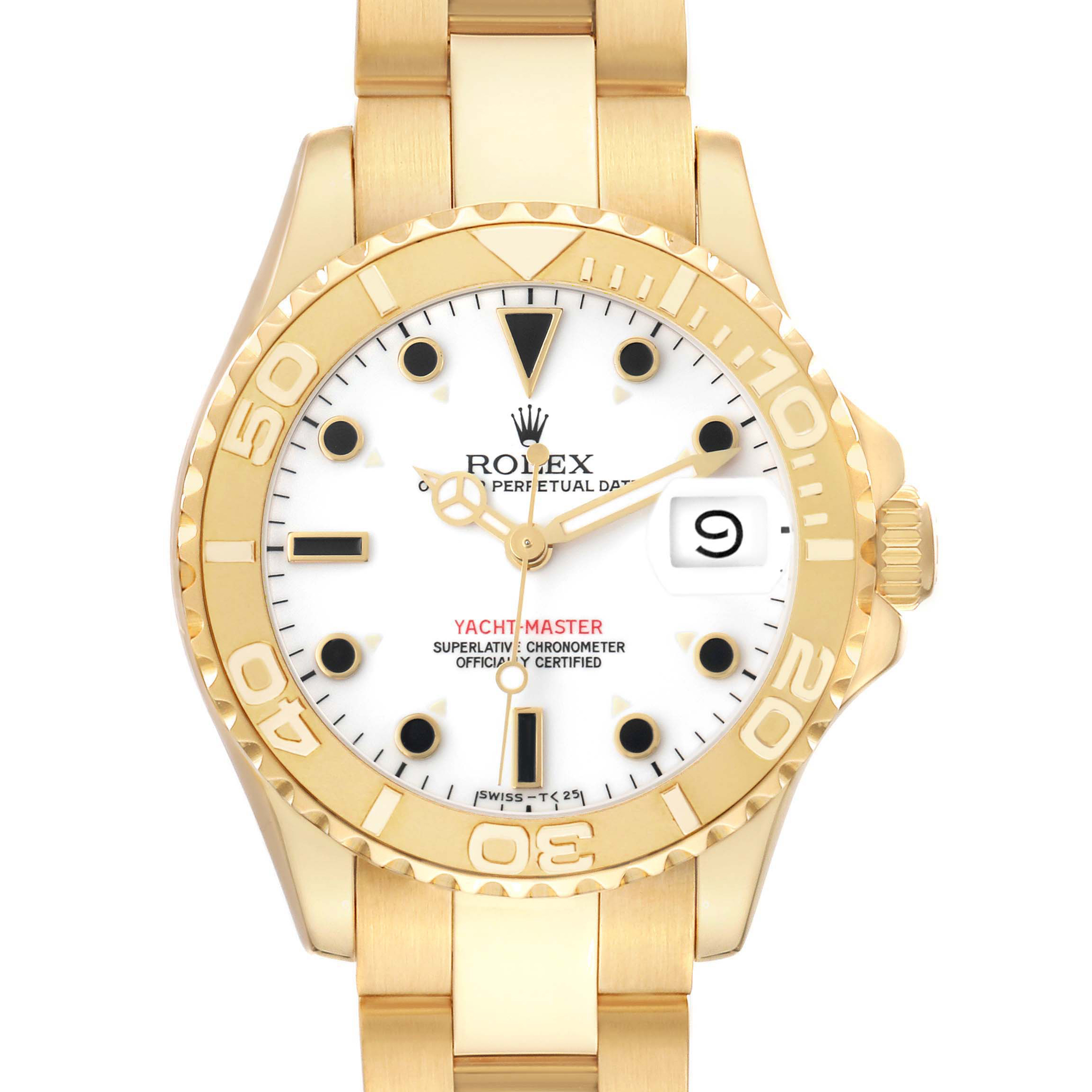 The Rolex Yacht-Master 68628 Men's Yellow Gold White Dial watch is shown from the front, highlighting the bezel, white dial, and bracelet.