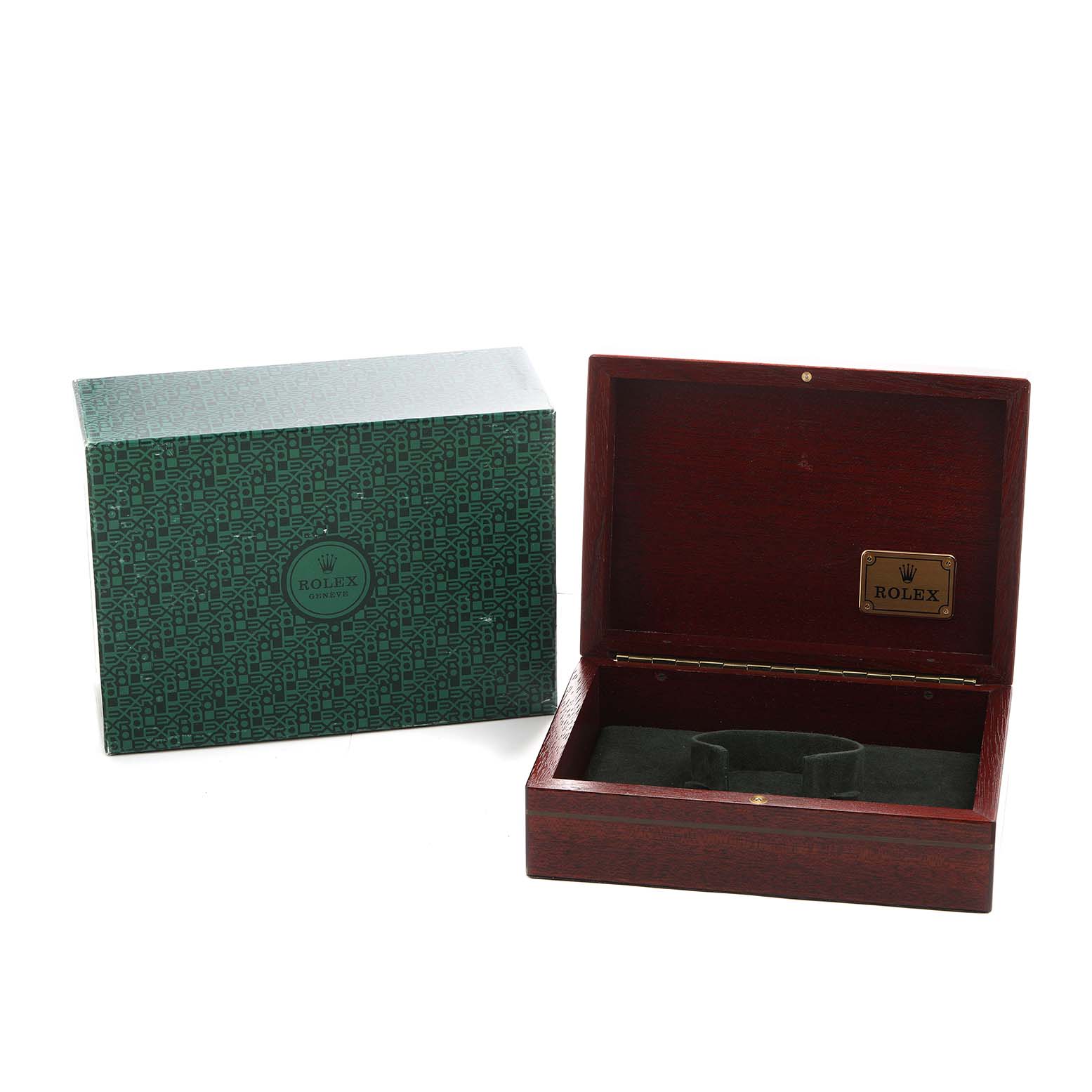 The image shows a Rolex Yacht-Master 68628 Men's Yellow Gold White Dial watch box open, alongside a closed outer box, both at an angle revealing their interiors.