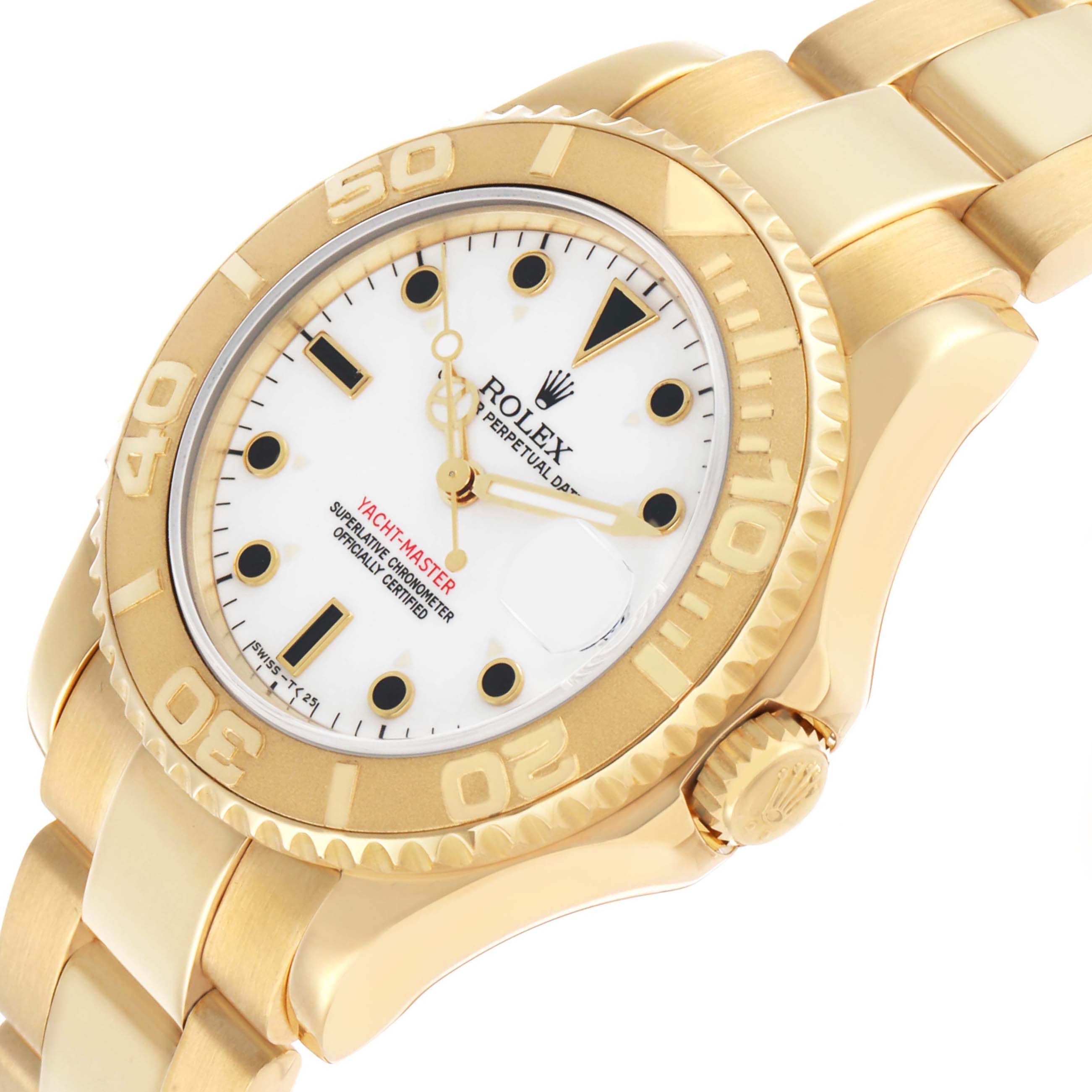 The Rolex Yacht-Master 68628 Men's Yellow Gold White Dial watch is shown at a tilted angle, highlighting the bezel, dial, and a portion of the bracelet.