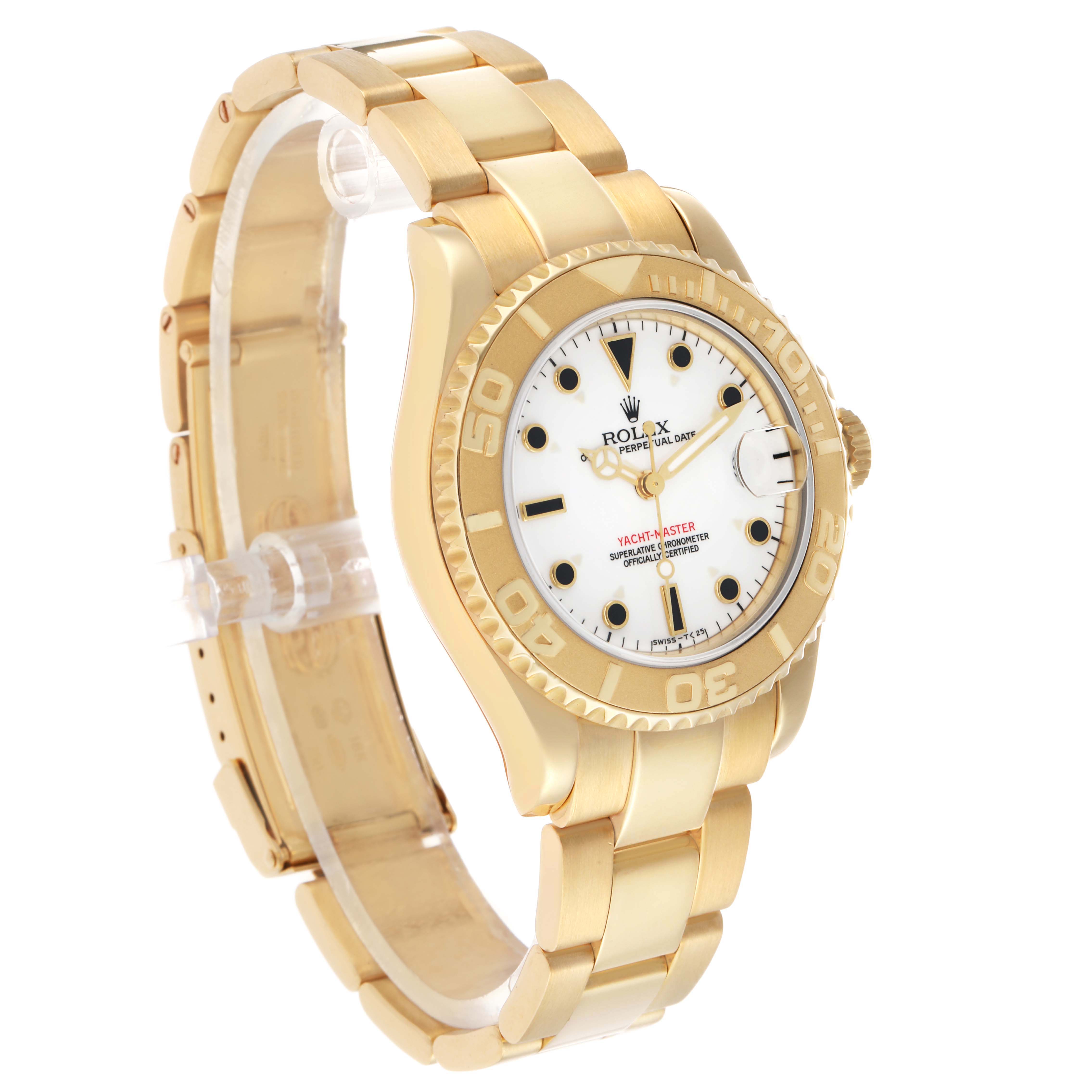 The Rolex Yacht-Master 68628 Men's Yellow Gold White Dial is shown at an oblique angle, highlighting the watch face, bezel, case, and bracelet.