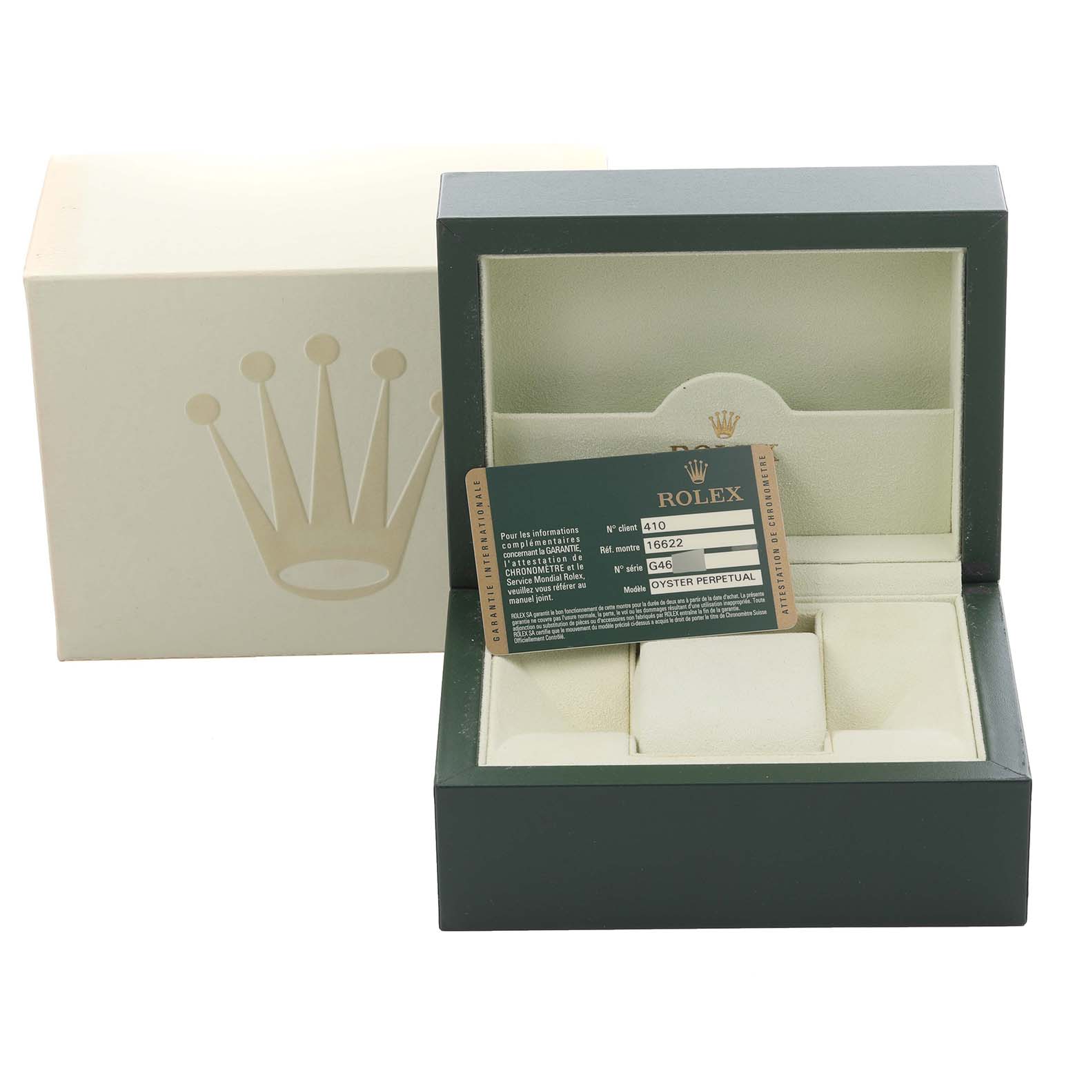 The image shows a Rolex Yacht-Master 16622 Men's Stainless Steel Silver Dial 16622 Men's Stainless Steel Silver Dial watch box, card, and packaging from the top angle.