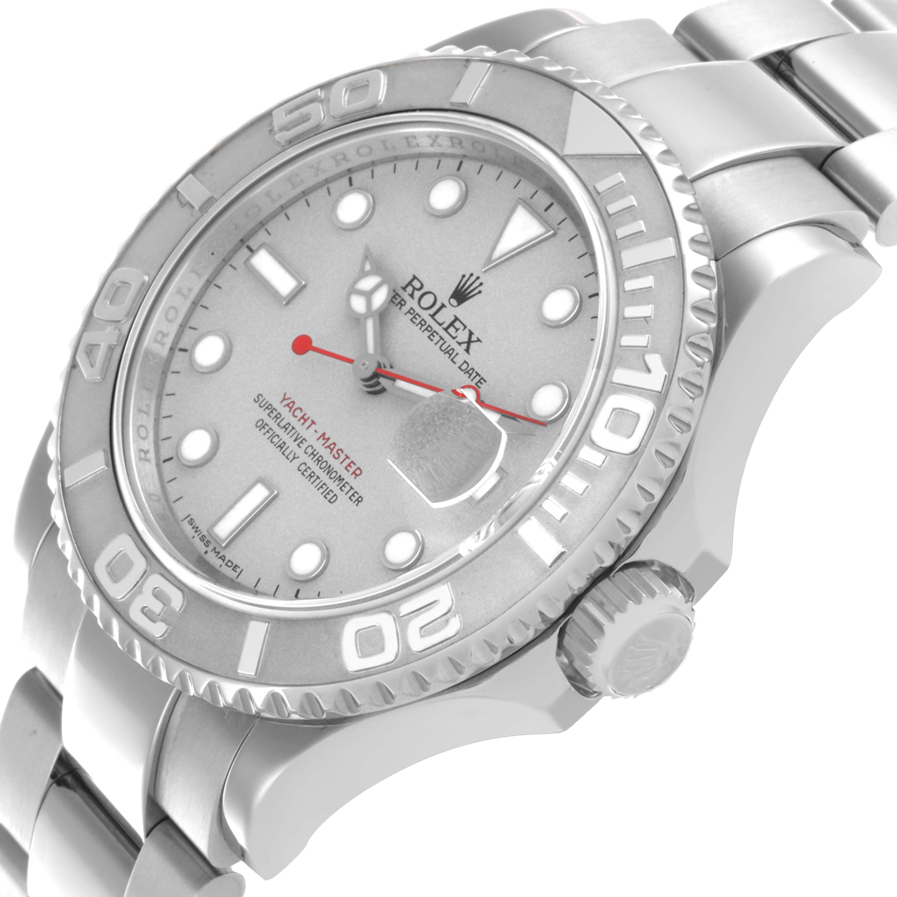 The Rolex Yacht-Master 16622 Men's Stainless Steel Silver Dial 16622 Men's Stainless Steel Silver Dial watch is shown at an angle displaying the dial, bezel, crown, and part of the bracelet.