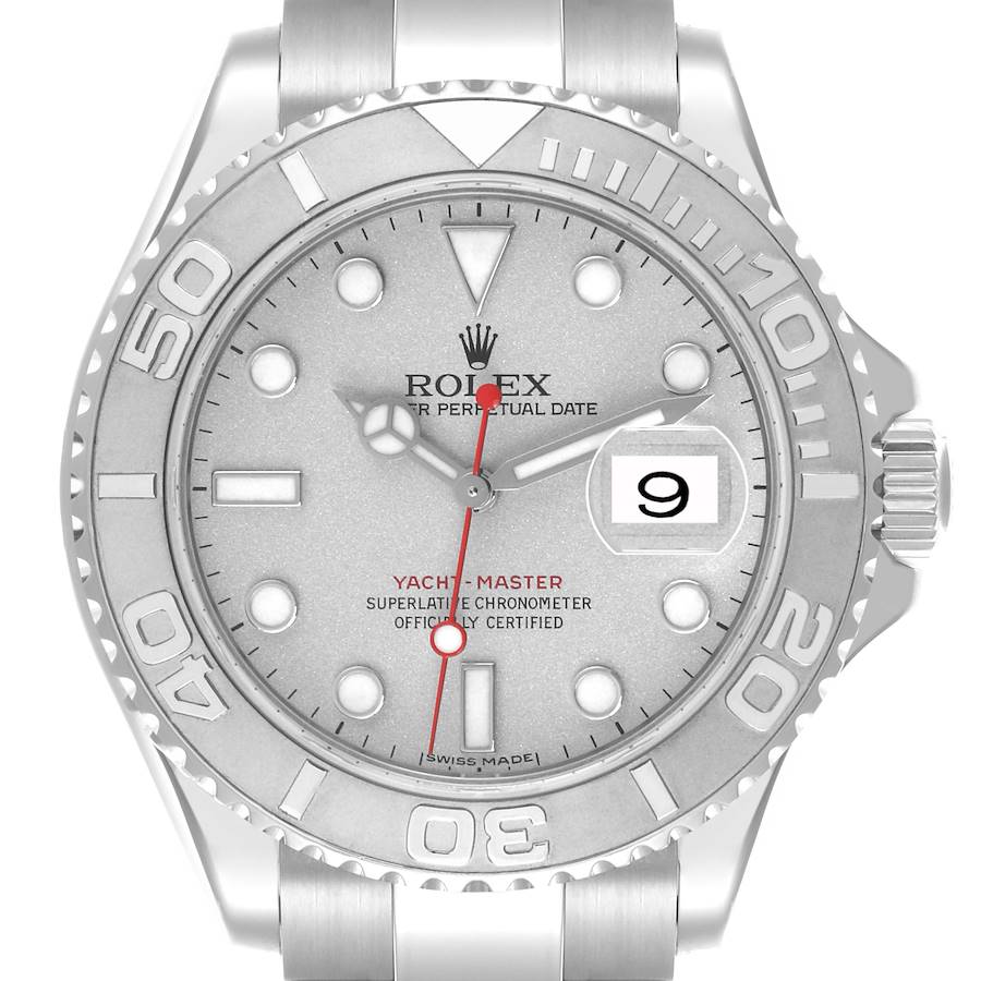 The Rolex Yacht-Master watch is shown from a front angle, displaying the face, bezel, dial, and bracelet.