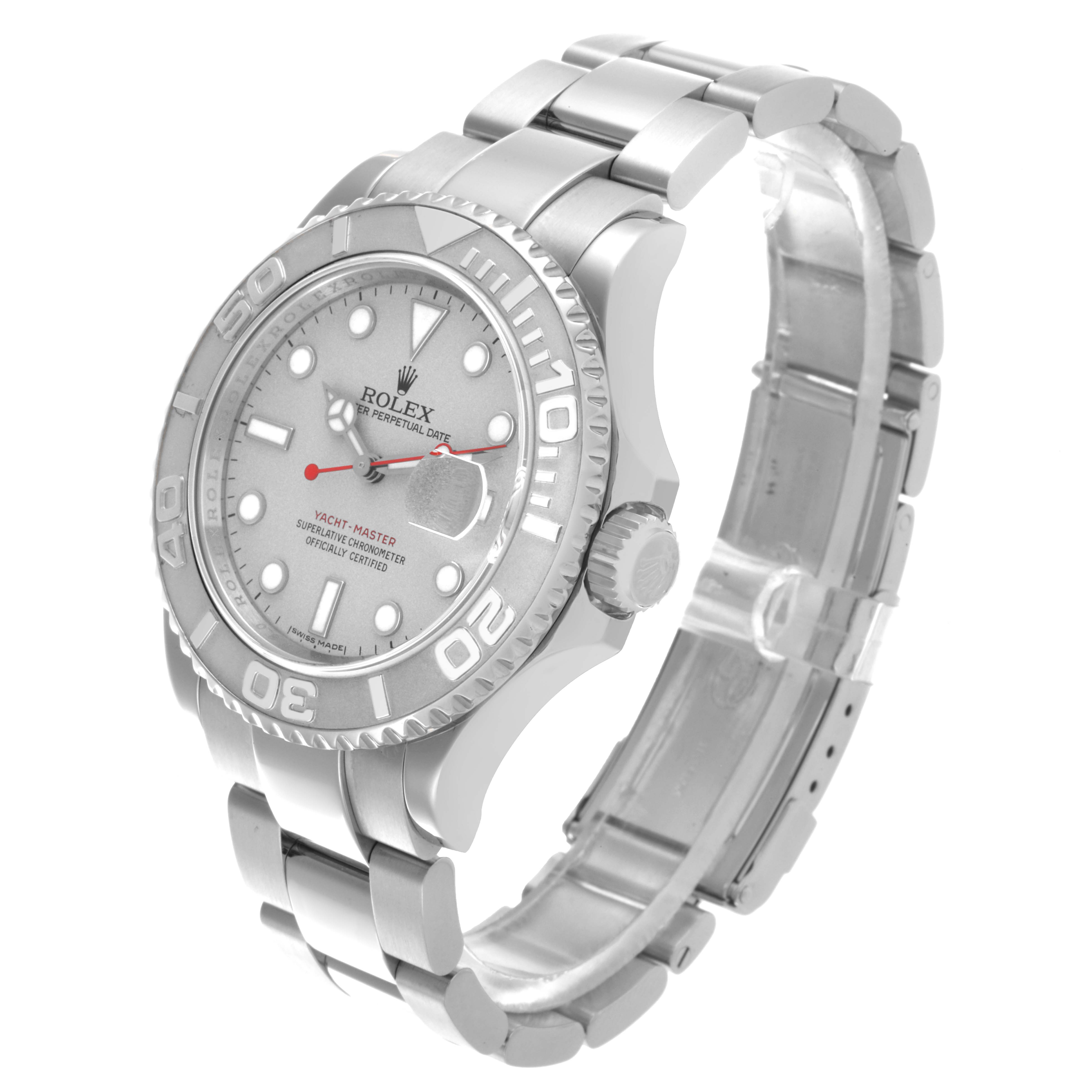The Rolex Yacht-Master 16622 Men's Stainless Steel Silver Dial 16622 Men's Stainless Steel Silver Dial watch is shown at a three-quarter angle, revealing the face, bezel, crown, and bracelet.