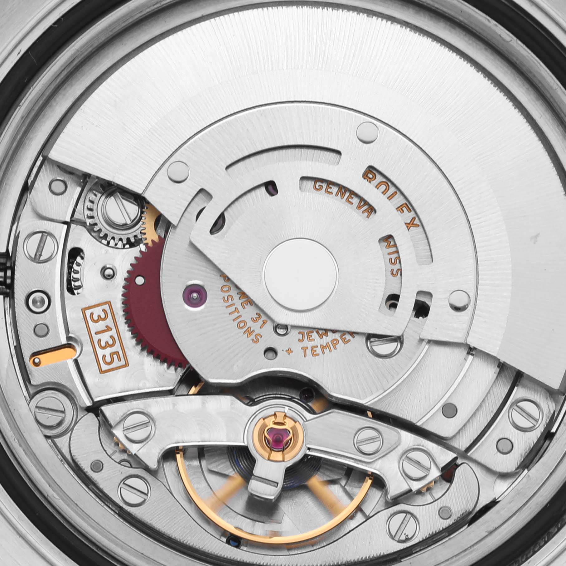 The image shows the inner workings of the Rolex Yacht-Master 16622 Men's Stainless Steel Silver Dial 16622 Men's Stainless Steel Silver Dial movement from a top-down angle, highlighting gears and components.