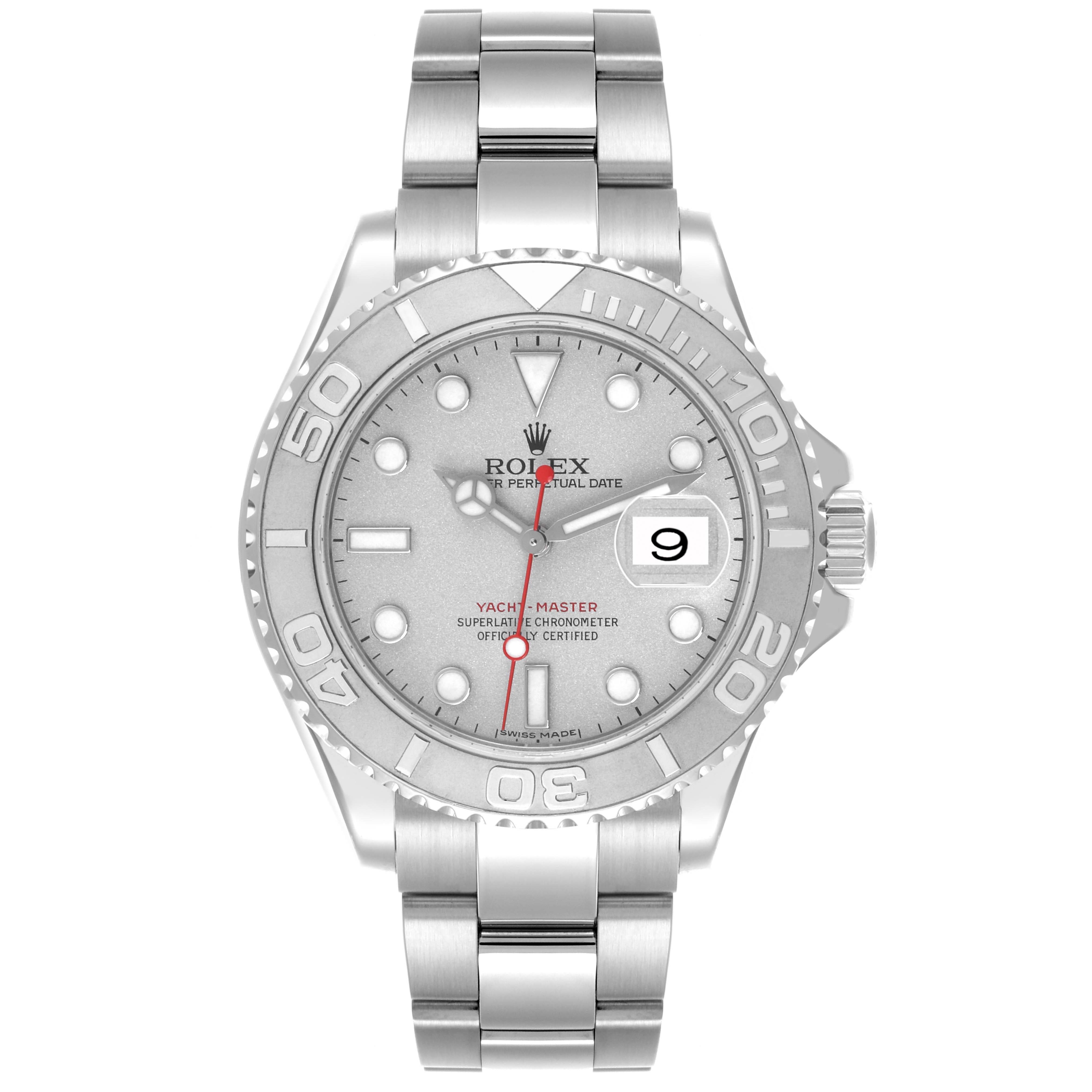The Rolex Yacht-Master 16622 Men's Stainless Steel Silver Dial 16622 Men's Stainless Steel Silver Dial watch is shown from a front angle, displaying the face, bezel, crown, and part of the bracelet.