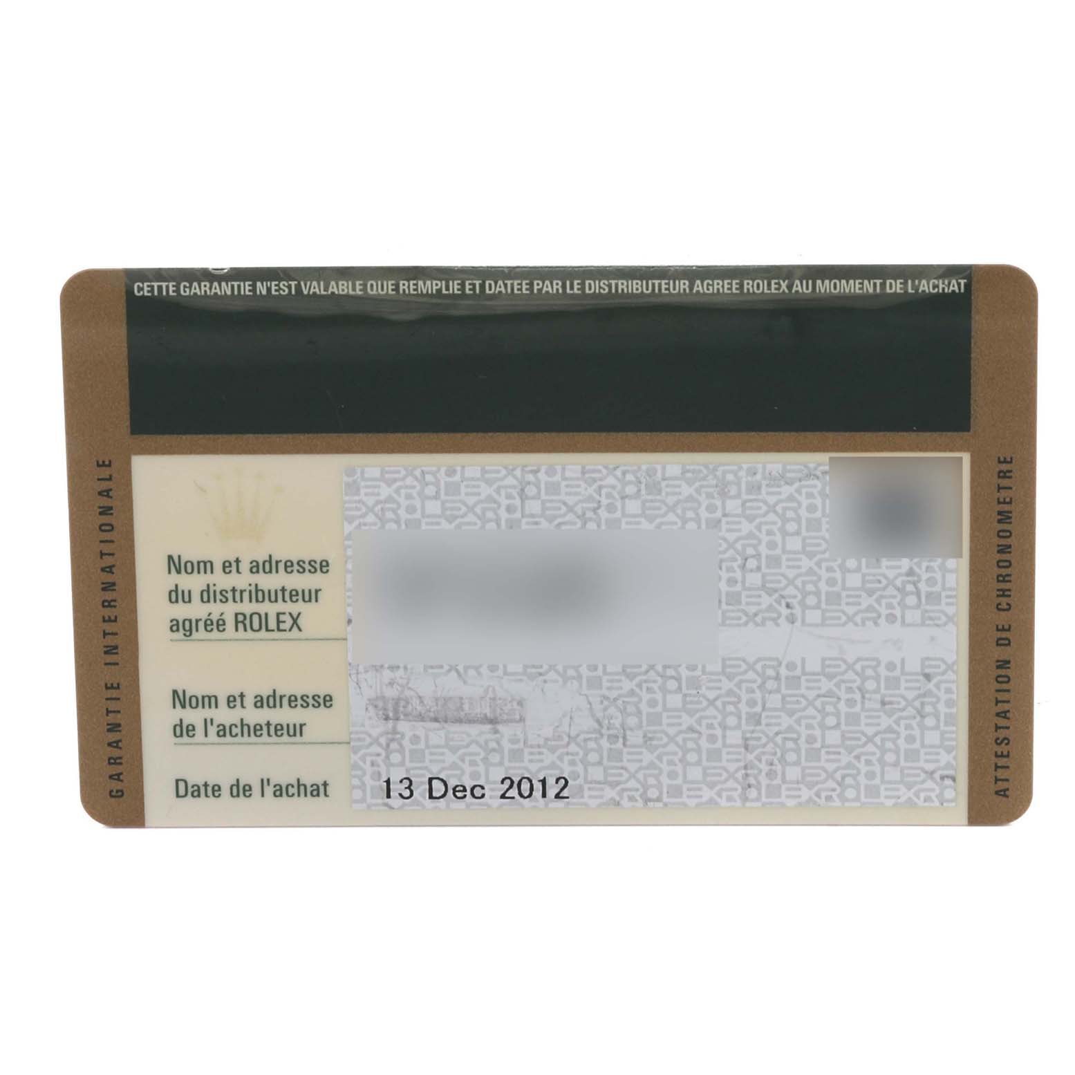 The image shows a warranty card for a Rolex Yacht-Master 16622 Men's Stainless Steel Silver Dial 16622 Men's Stainless Steel Silver Dial watch, detailing the purchase date.