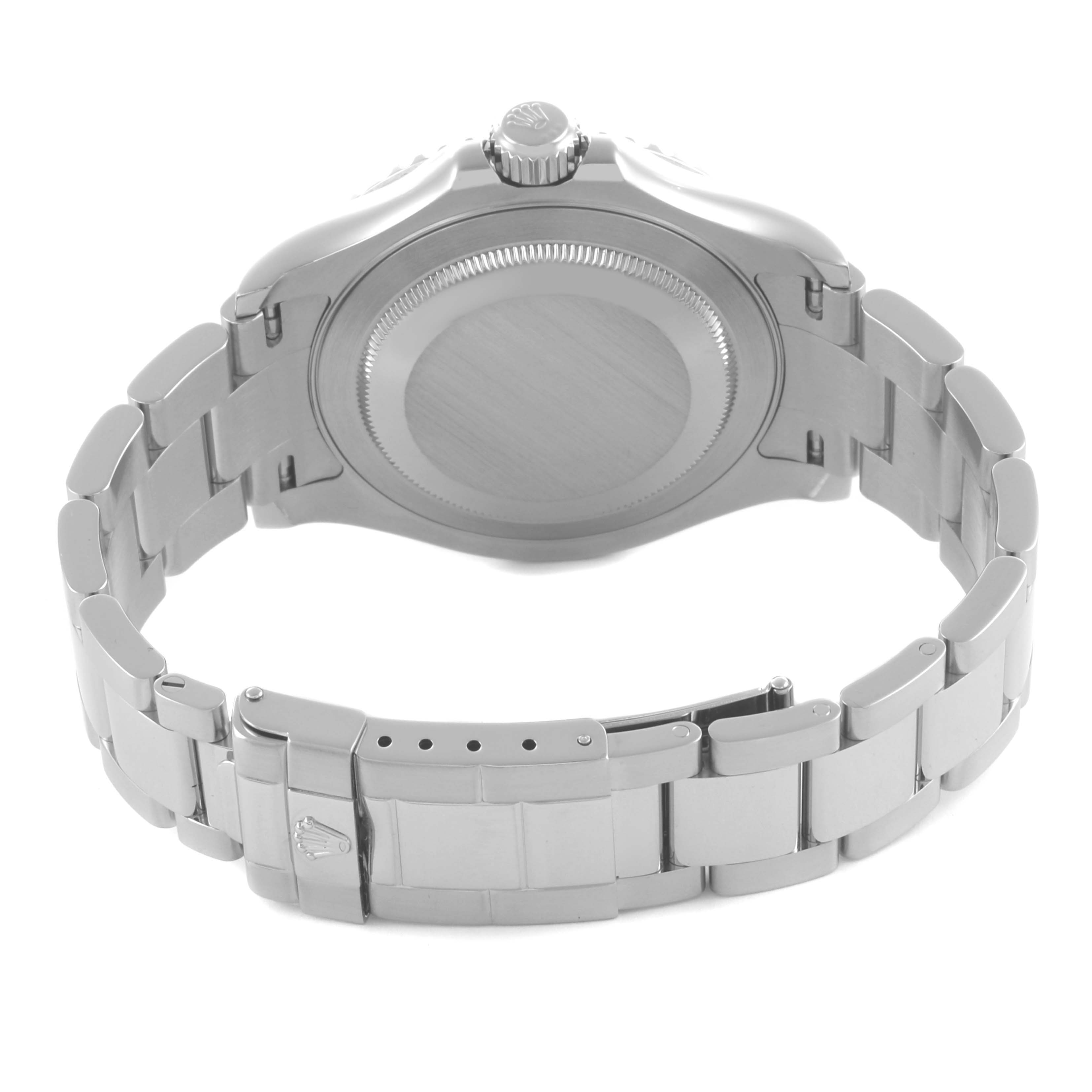 The Rolex Yacht-Master 16622 Men's Stainless Steel Silver Dial 16622 Men's Stainless Steel Silver Dial is shown from the back, displaying the case back, bracelet, and clasp.