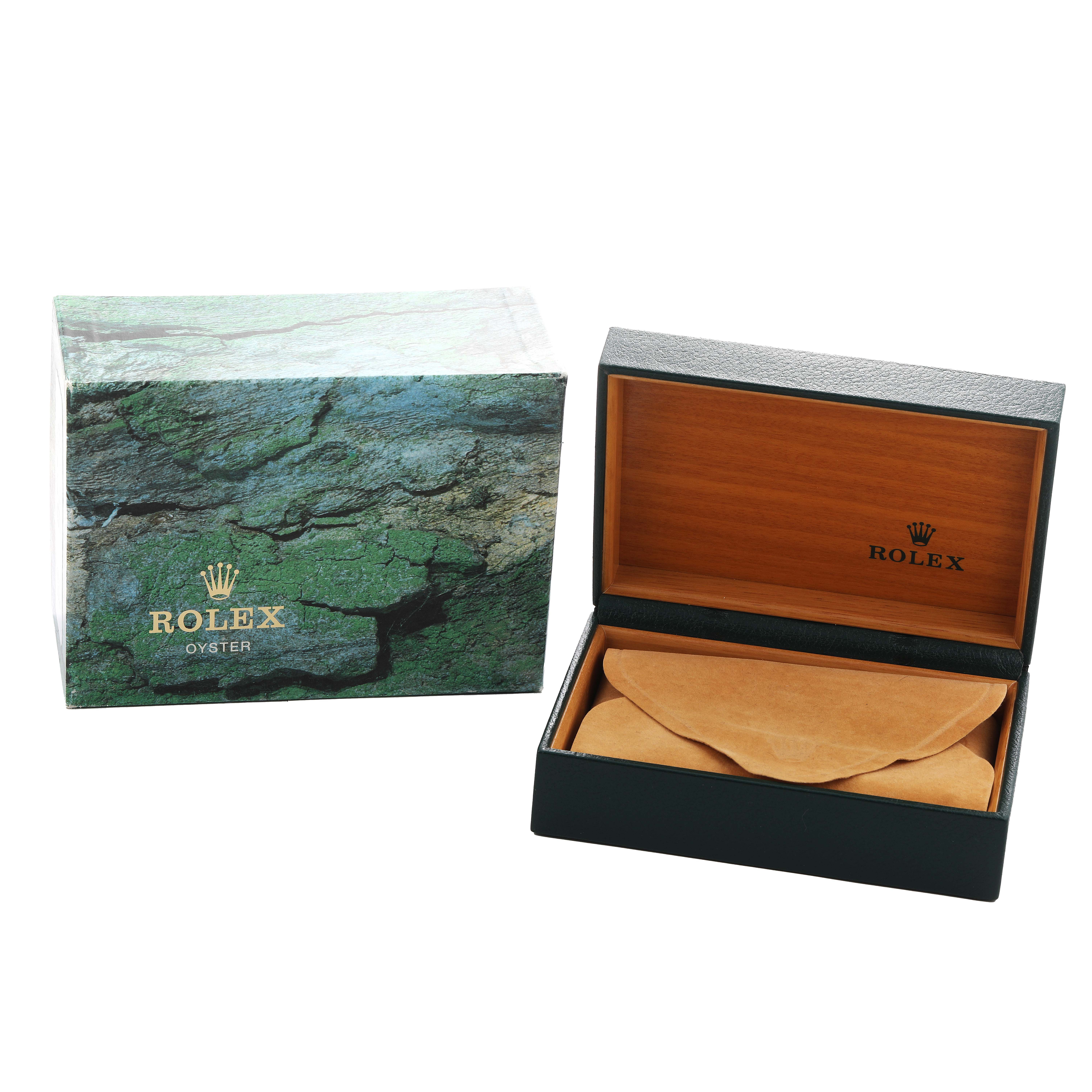 The image shows the Rolex Yacht-Master 16622 Men's Stainless Steel Silver Dial's packaging, including a closed outer box and an open inner box with leather padding.