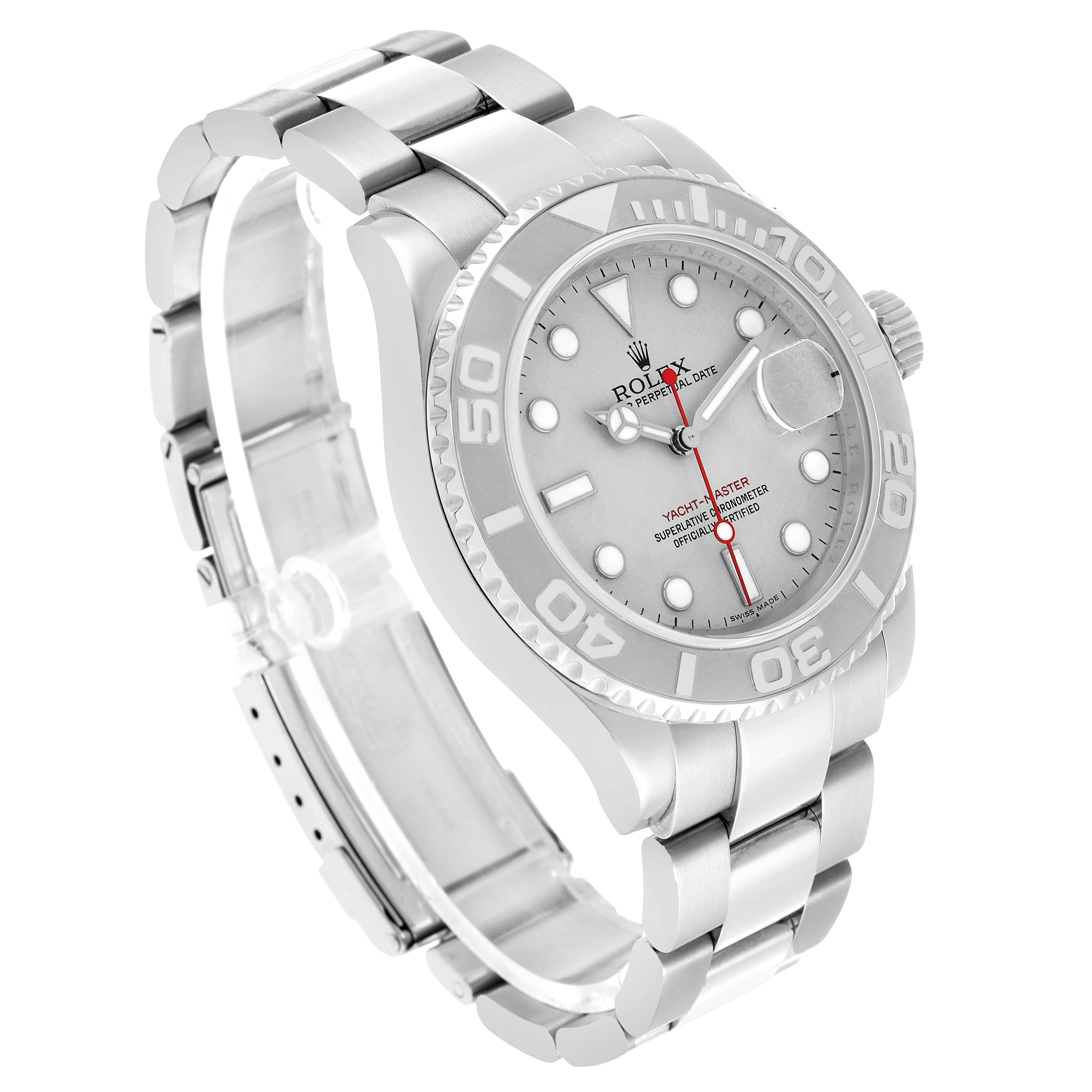 The Rolex Yacht-Master 16622 Men's Stainless Steel Silver Dial watch is shown at a front angle, displaying the dial, bezel, and bracelet clearly.