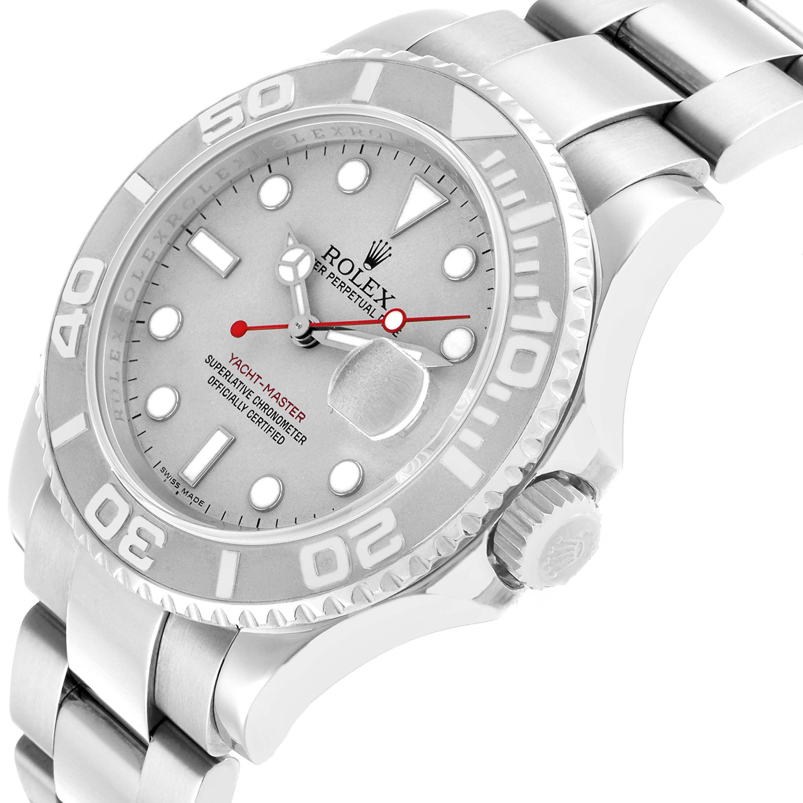 The Rolex Yacht-Master 16622 Men's Stainless Steel Silver Dial watch is shown at a three-quarter angle, highlighting the dial, bezel, crown, and bracelet.