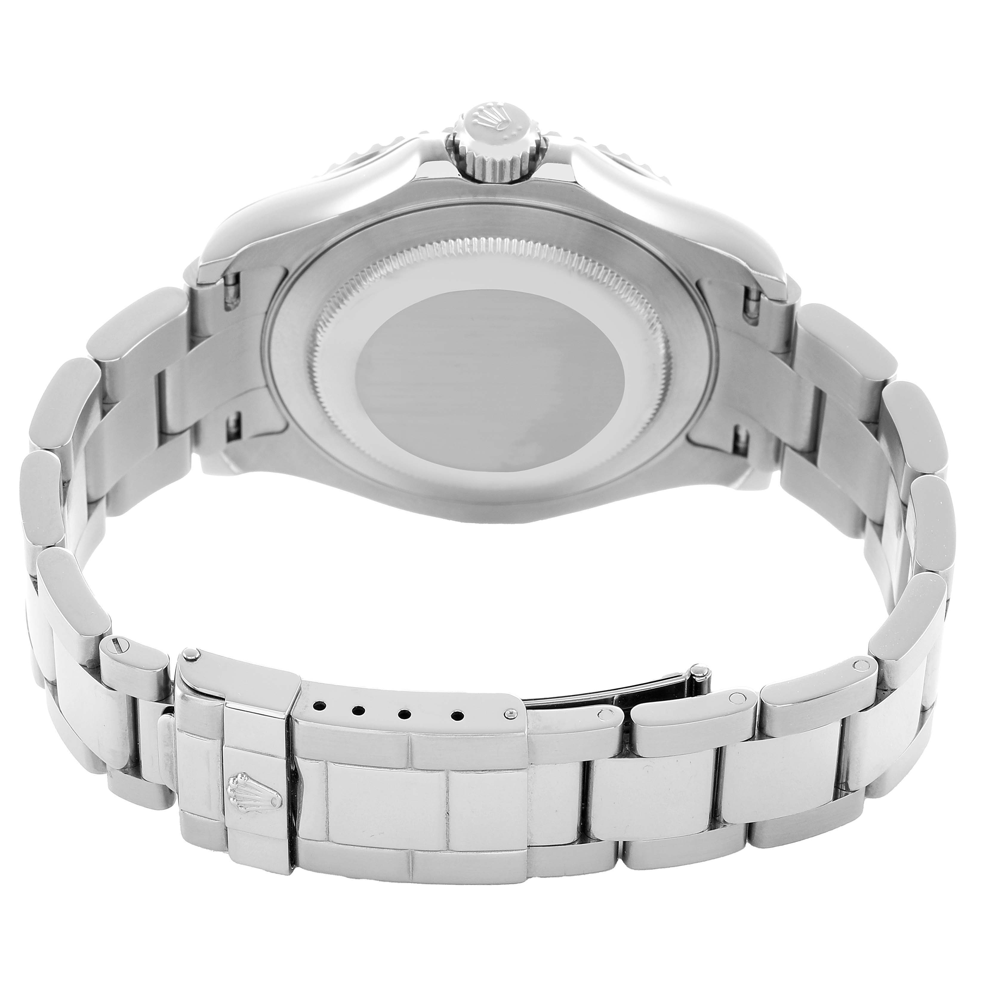 The image shows the back of a Rolex Yacht-Master 16622 Men's Stainless Steel Silver Dial watch, highlighting the case, crown, and bracelet.