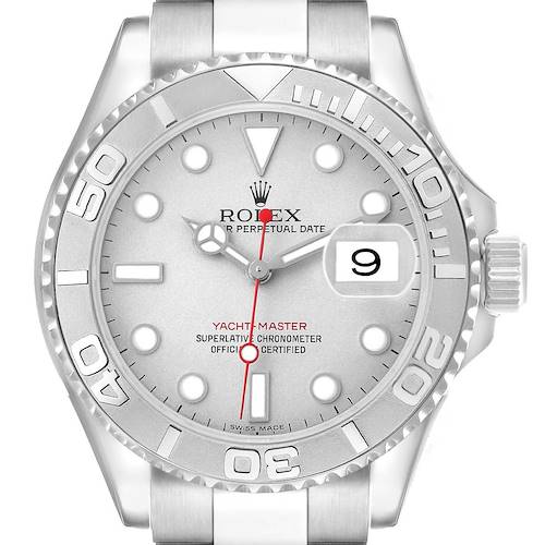 The Rolex Yacht-Master 16622 Men's Stainless Steel Silver Dial watch is shown from the front, highlighting the dial, hands, bezel, and date window.