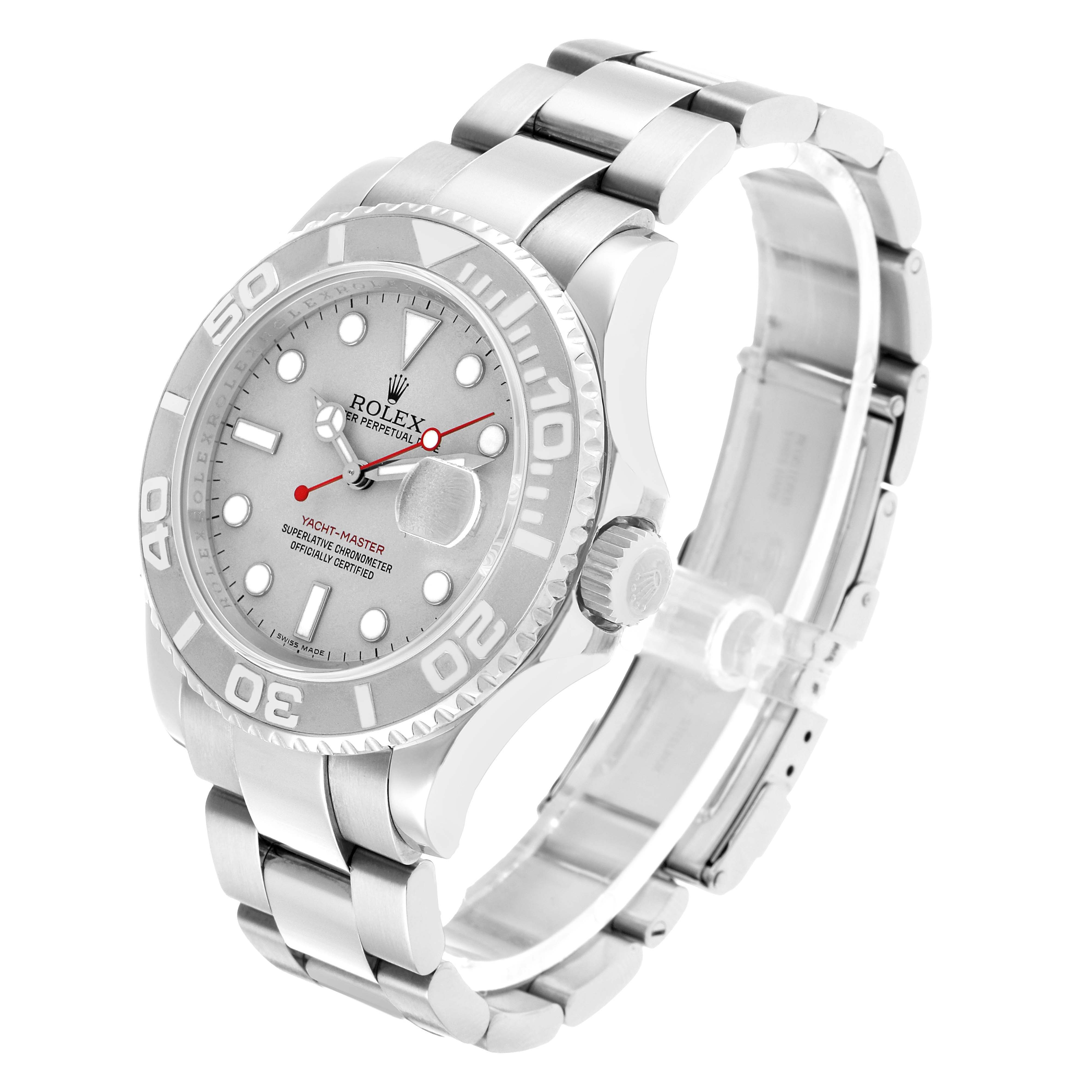 The Rolex Yacht-Master 16622 Men's Stainless Steel Silver Dial is shown at a three-quarter angle, highlighting the face, bezel, crown, and bracelet.