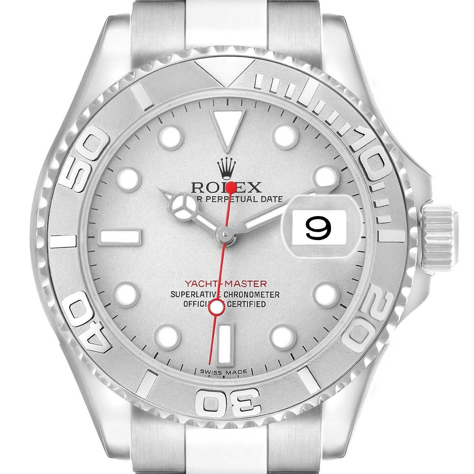 The Rolex Yacht-Master 16622 Men's Stainless Steel Silver Dial watch is shown from a front angle, highlighting its bezel, face, hands, and date window.