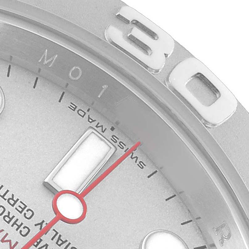 The image shows a close-up of the Rolex Yacht-Master 16622 Men's Stainless Steel Silver Dial watch dial, focusing on the bezel, hour marker, and part of the second hand.
