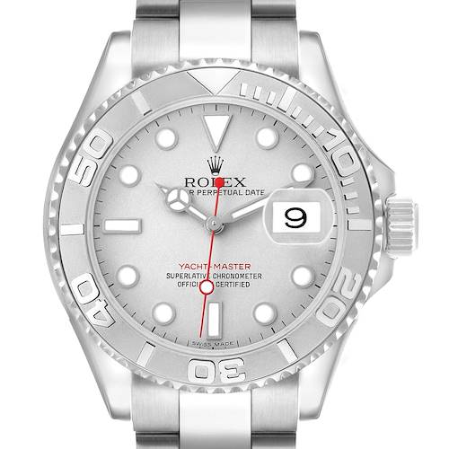 The Rolex Yacht-Master 16622 Men's Stainless Steel Silver Dial watch is shown from a front angle, displaying its dial, bezel, crown, and bracelet.