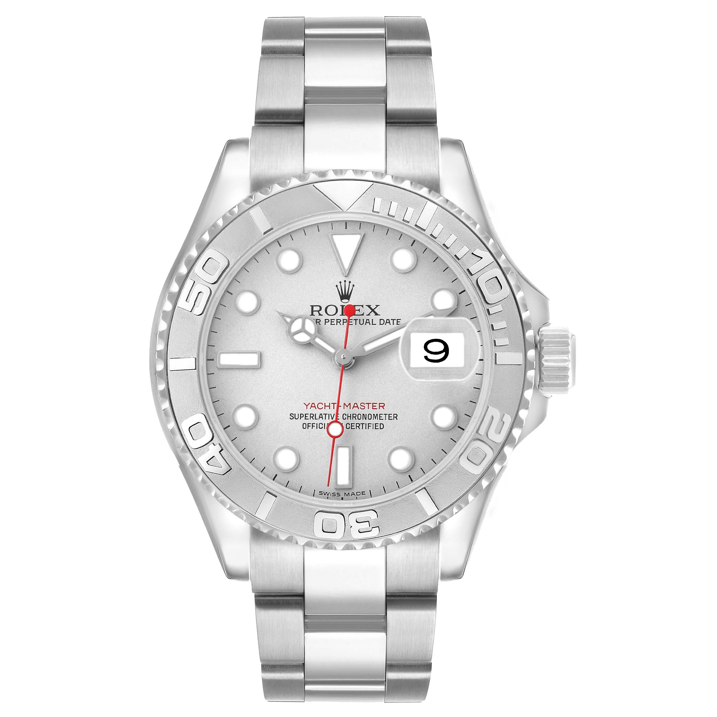 The image shows a Rolex Yacht-Master 16622 Men's Stainless Steel Silver Dial watch from a front angle, highlighting the bezel, dial, hands, bracelet, and date feature.