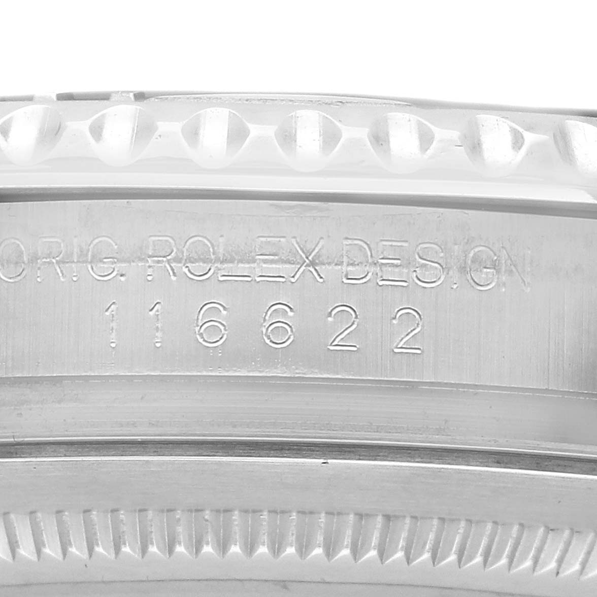 The image shows a close-up of the side engraving and bezel of a Rolex Yacht-Master 116622 Men's Stainless Steel Grey Dial watch, featuring the model number 116622.